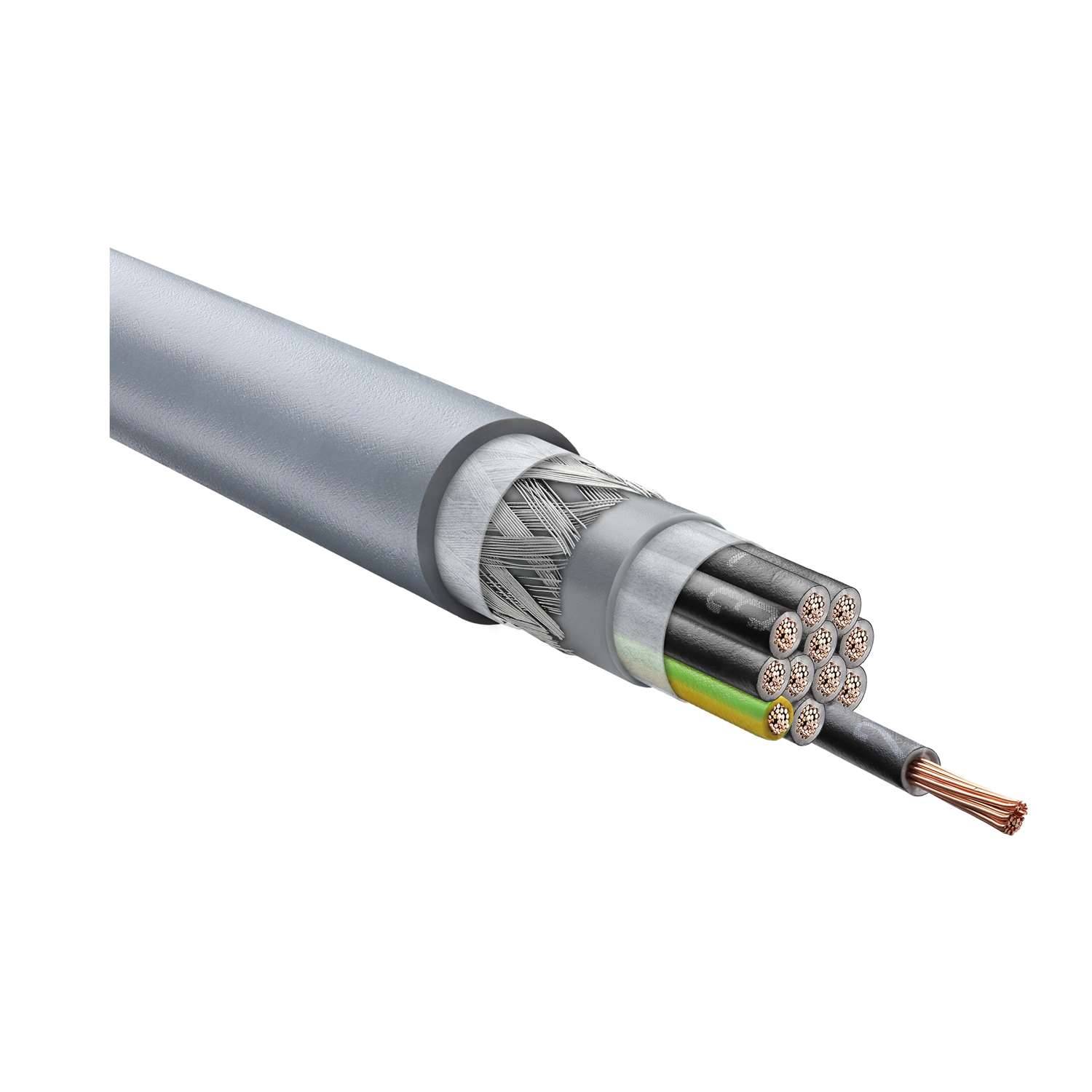 Querschnittansicht eines mehradrigen Elektrokabels mit Kupferleitern, Isolationsschichten und Schutzmantel, die die Kabelstruktur veranschaulichen.
