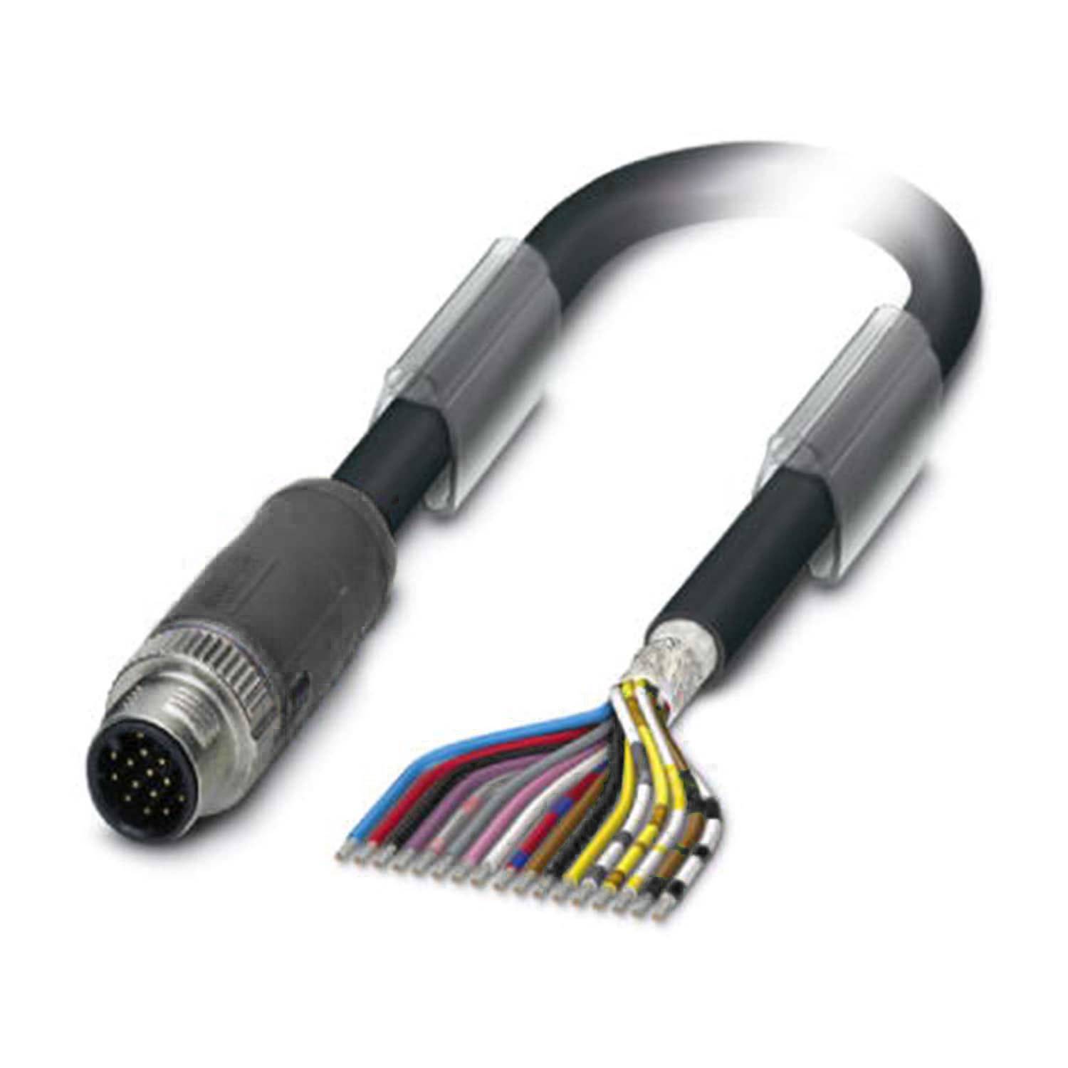 Ein mehrfarbiges Kabel mit einem kreisförmigen Stecker ist zu sehen, das verschiedene interne Drähte und deren Isolierfarben zeigt und elektrische Verbindungsfähigkeit demonstriert.