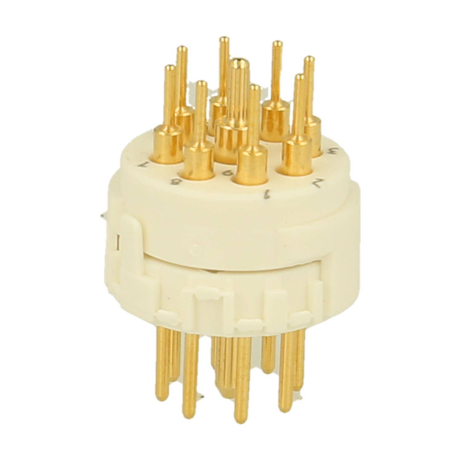 Eine beige kreisförmige elektronische Komponente mit mehreren goldenen Anschlüssen, die in zwei Schichten angeordnet sind und für elektrische Verbindungen verwendet wird.