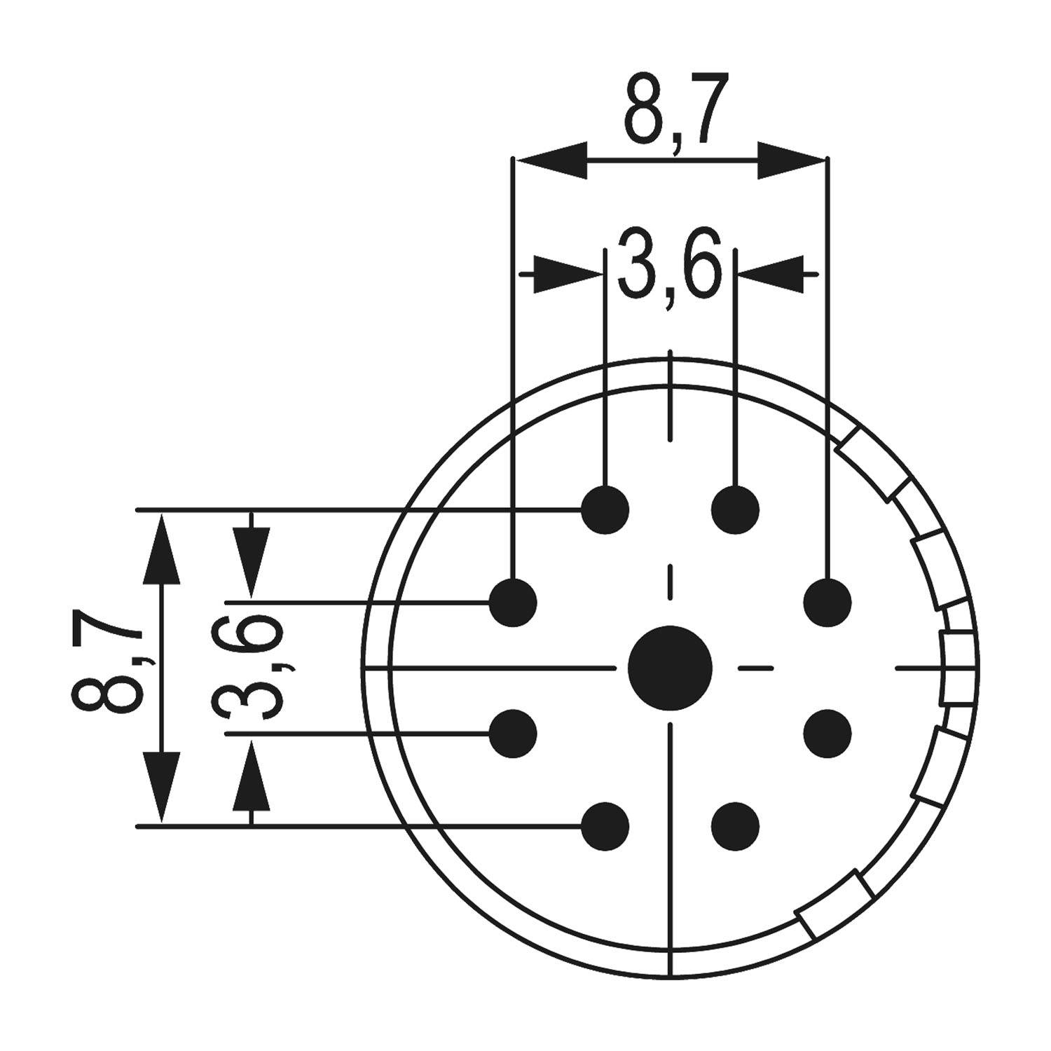 Ein kreisförmiger Anschlussdiagramm mit sieben Bohrlöchern. Außendurchmesser: 8,7 mm, lichte Weite zwischen den Löchern: 3,6 mm.