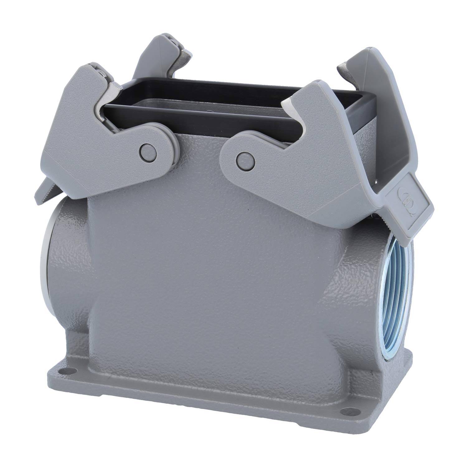 Ein graues industrielles Anschlussgehäuse mit offenen Klappdeckeln, entwickelt für elektrische und mechanische Integration in Maschinen oder Ausrüstungen.