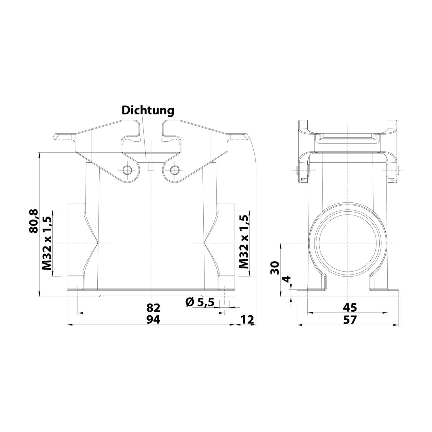 Technische Zeichnung einer Dichtung. Dimensionen beschriftet: 80,8, 5,5, 94, 82, 12, 30, 45, 57, mit Anmerkungen zu Seiten- und Höhenmessungen.