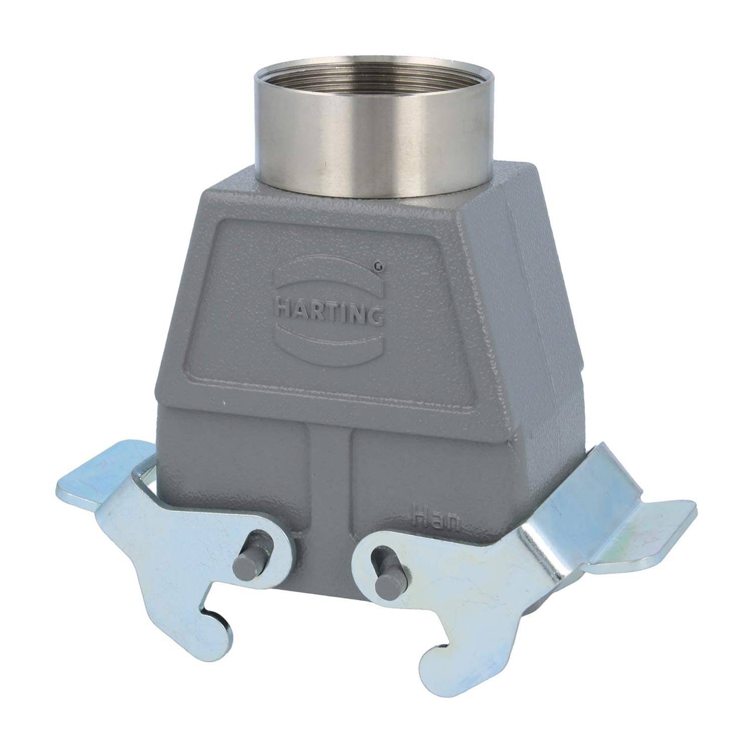 Ein metallisches rechteckiges industrielles Anschlussgehäuse mit der Bezeichnung 'Harting', versehen mit seitlichen Verriegelungen und einer kreisförmigen Öffnung oben, verwendet für elektrische Verbindungen.