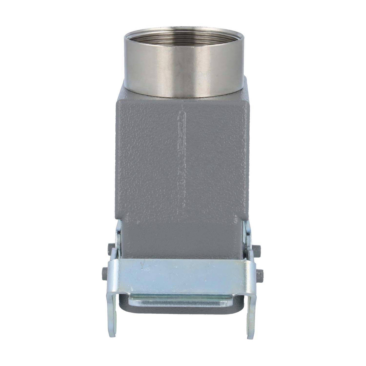 Industriegehäuse für Anschlüsse, rechteckig, grau, mit metallischem Kupplungsmechanismus, konzipiert für sichere elektrische Verbindungen.