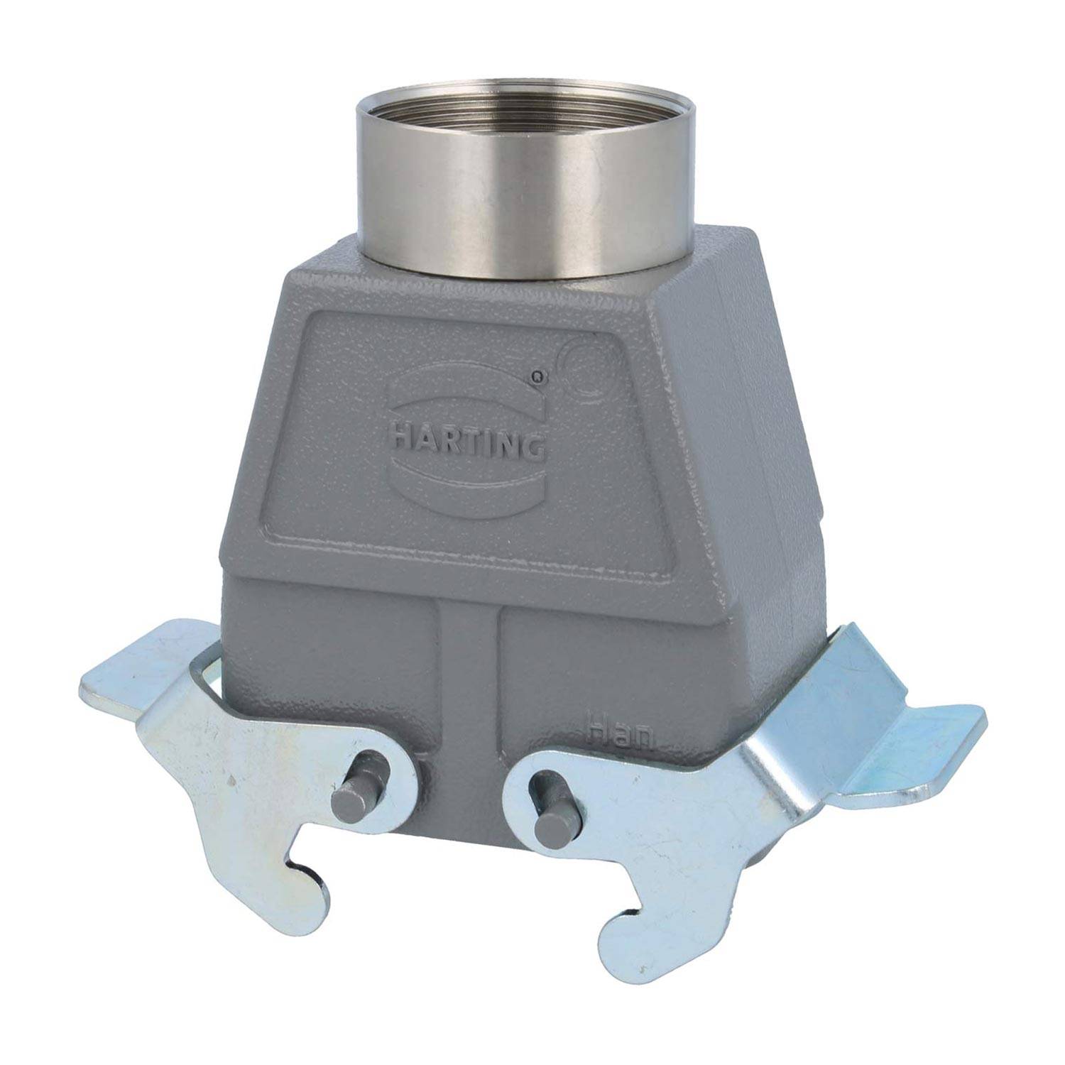 Industrielle Anschlussgehäuse mit Metalldeckel und zwei seitlichen Verriegelungen, markiert mit 'Harting.