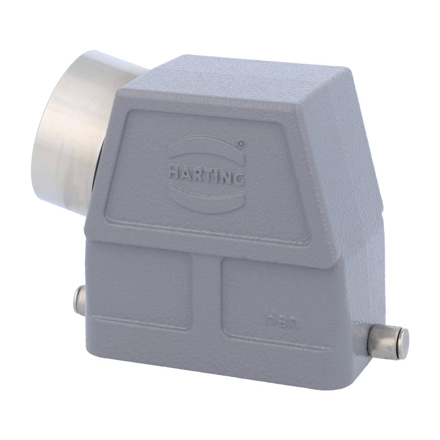 Ein grauer industrieller Verbinderstecker mit dem Logo 'Harting', das auf der Vorderseite eingeprägt ist, mit einer metallischen kreisförmigen Öffnung an einer Seite.