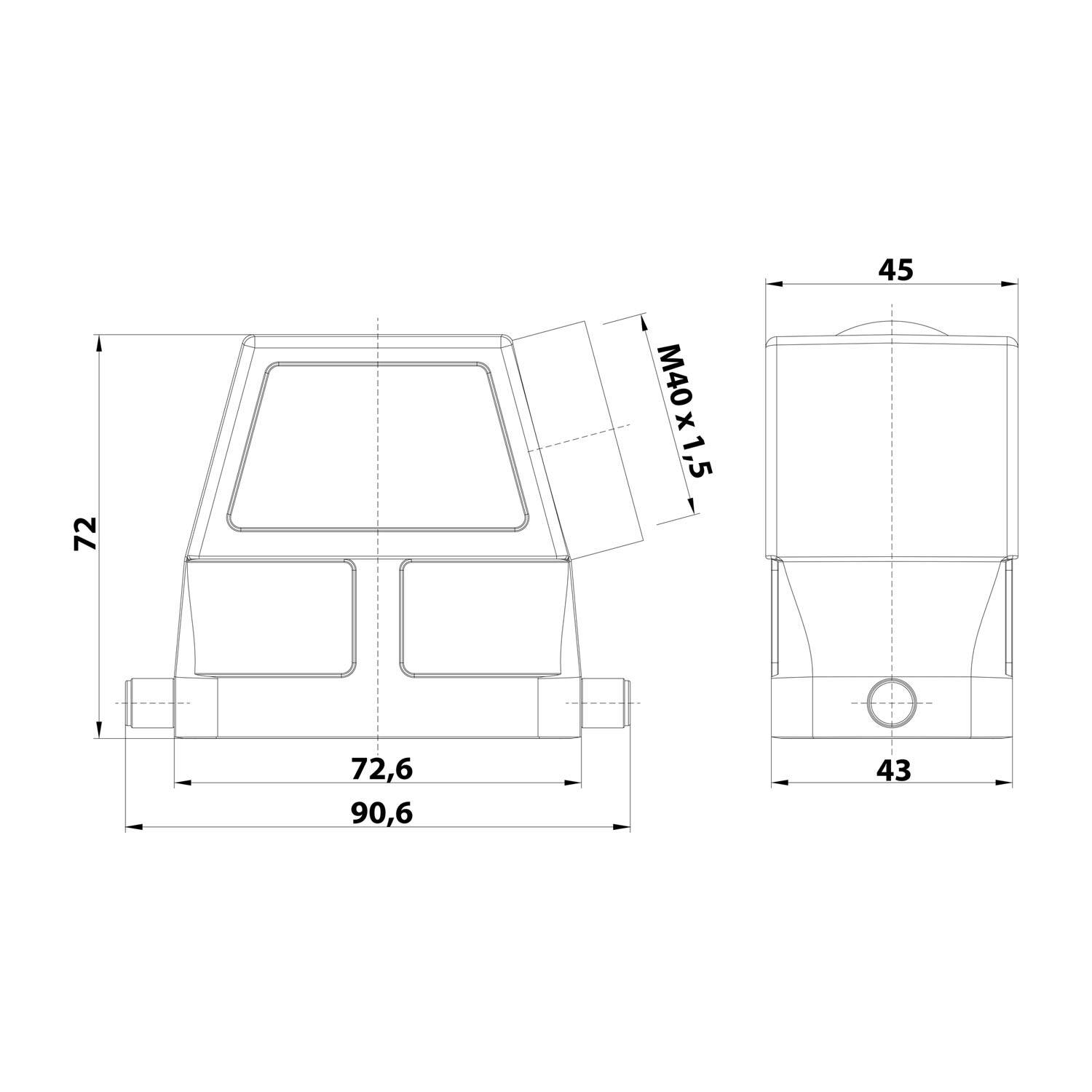 05300100594 HARTING Han 10B Tüllengehäuse hoch, 1xM40 seitlicher Kabelabgang, für 1 Bügel (am Unterteil) Verschraubung