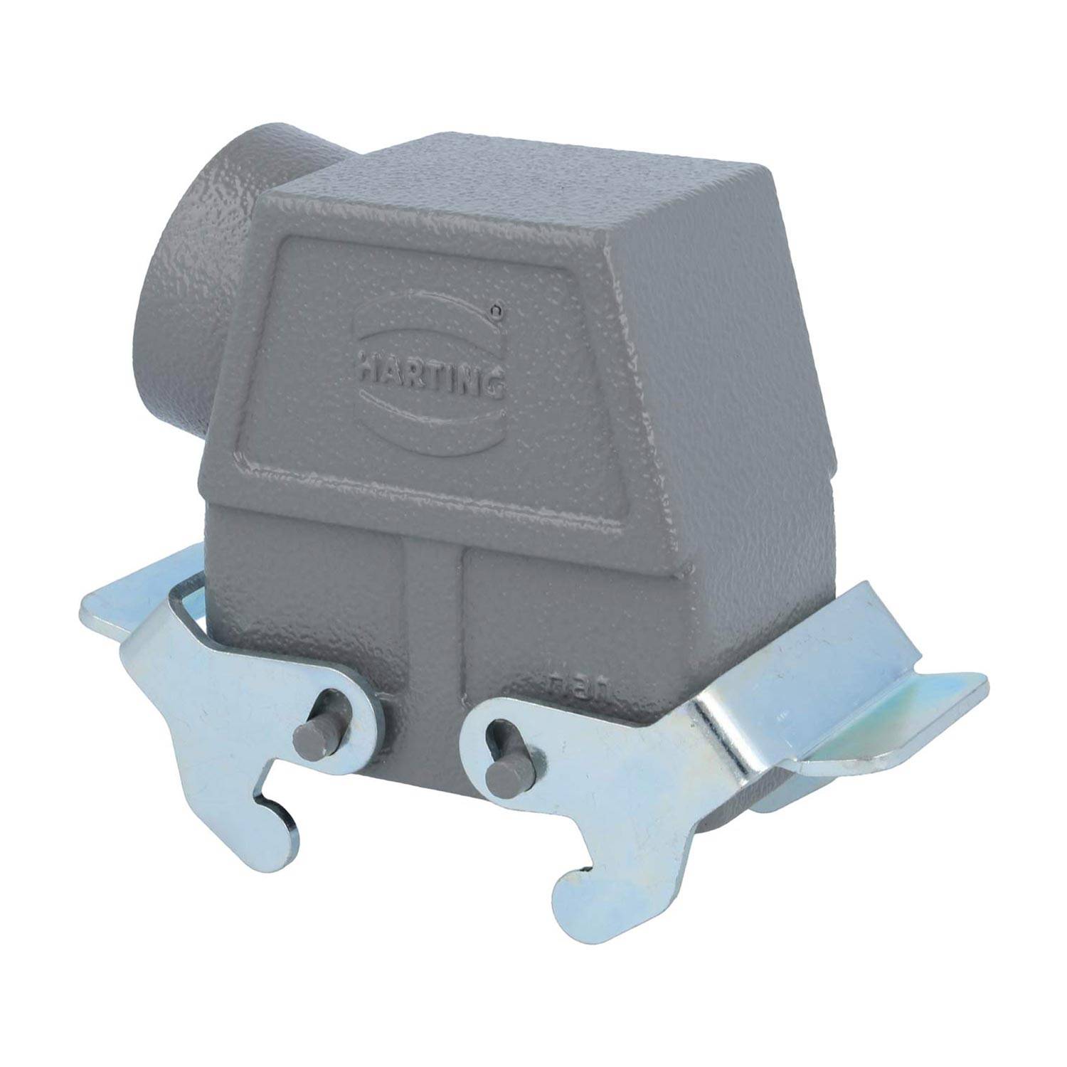 Ein graues industrielles Gehäuse für Steckverbinder mit robuster Konstruktion und dem auf der Vorderseite geprägten 'HARTING' Logo. Zwei Metallverriegelungen sind an den Seiten befestigt.