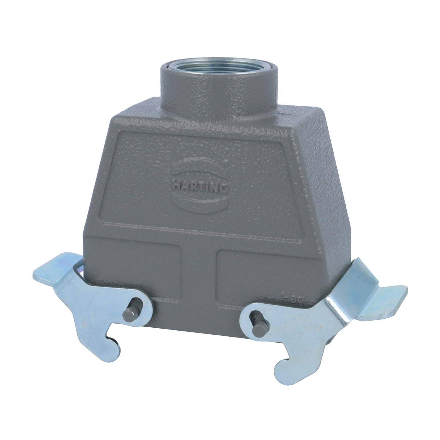 Ein grauer, industrieller Metallverbindergehäuse mit zwei Verriegelungsarmen an den Seiten, geprägt mit dem Logo 'HARTING' auf der Oberfläche.
