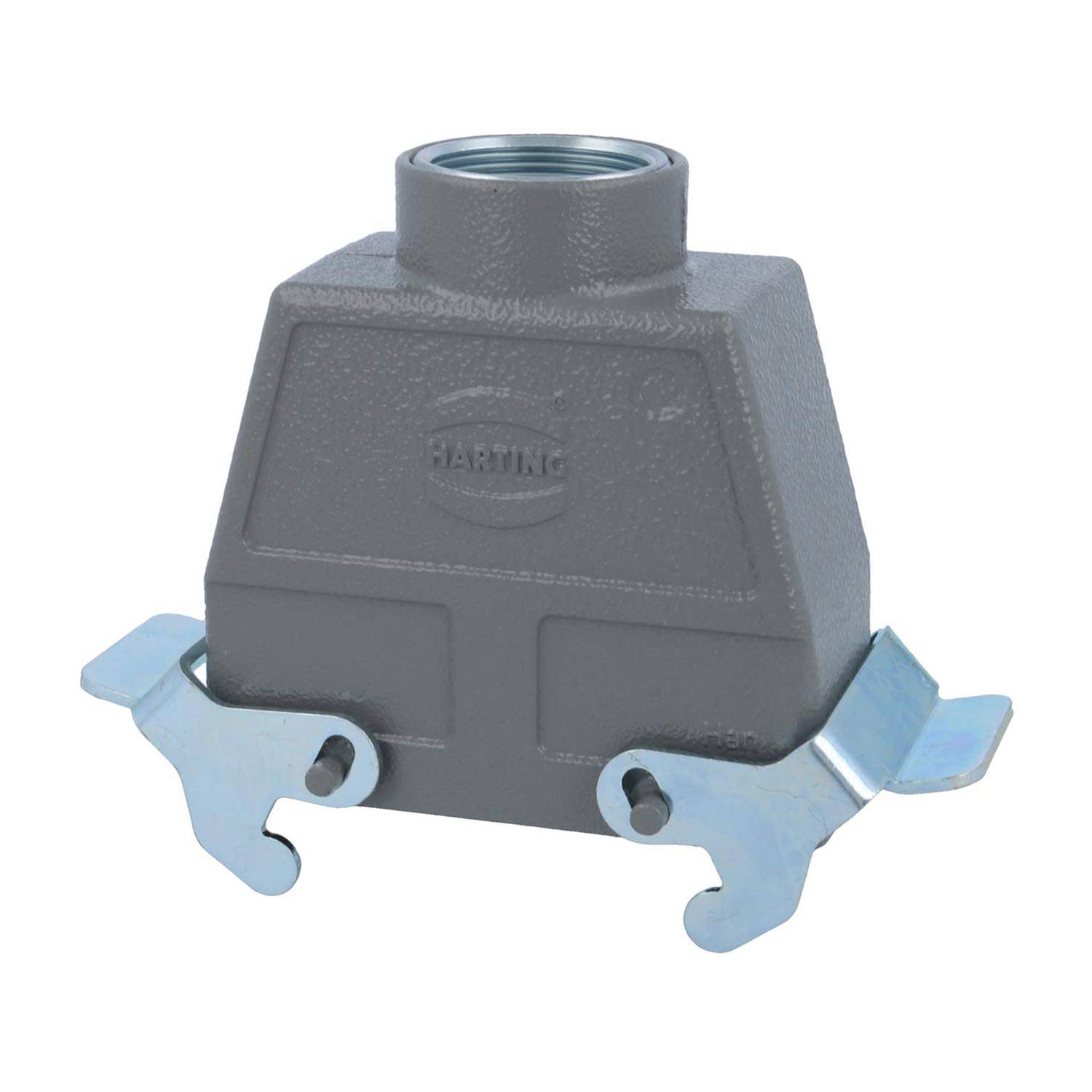 Ein graues elektrisches Anschlussgehäuse mit HARTING-Logo, ausgestattet mit zwei Metallverriegelungshebeln an jeder Seite für eine sichere Befestigung.