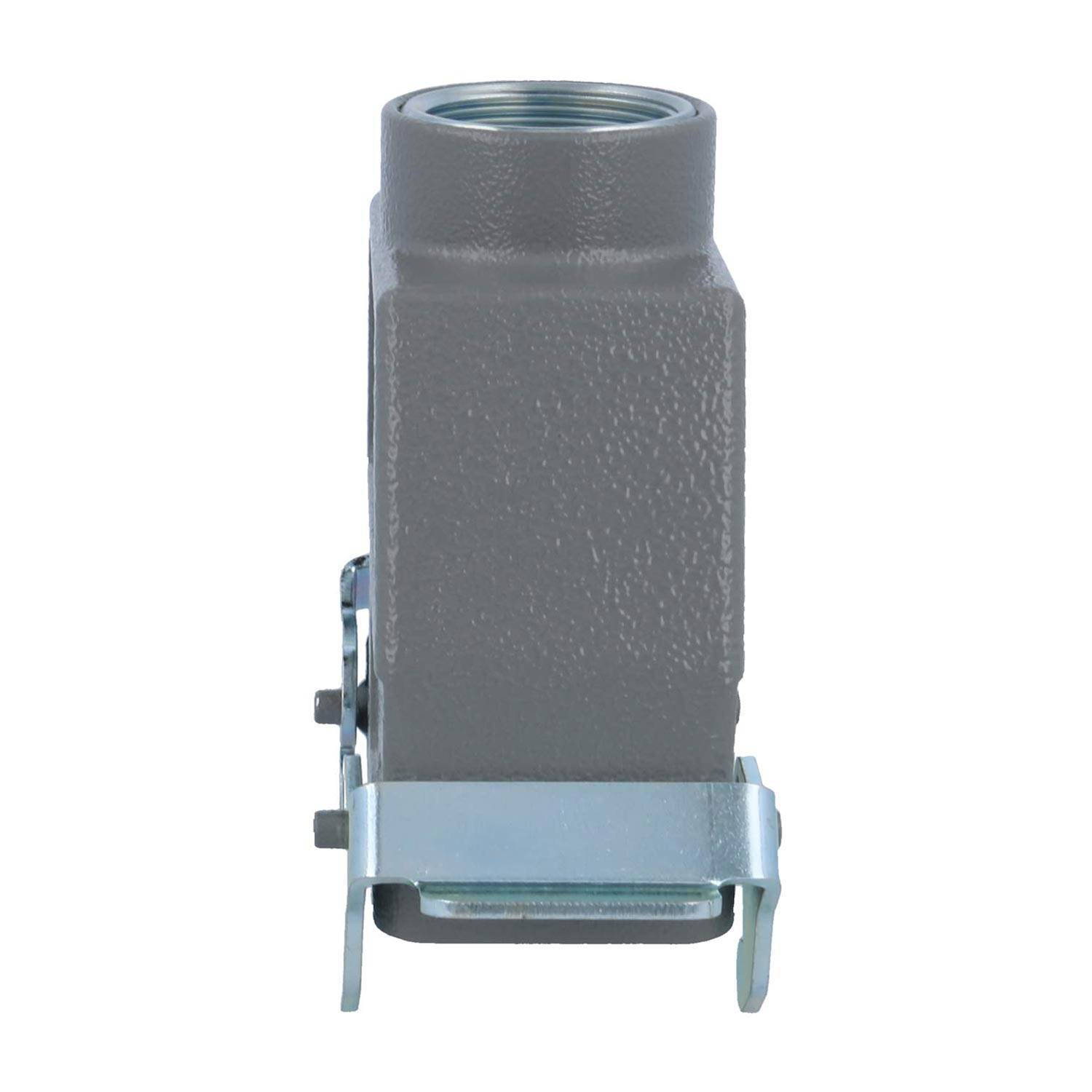 Ein grau-industrielles Metallgehäuse mit einer oben liegenden Gewindeöffnung und unten angebrachten Metallklammern, verwendet zum Befestigen von elektrischen oder mechanischen Komponenten.