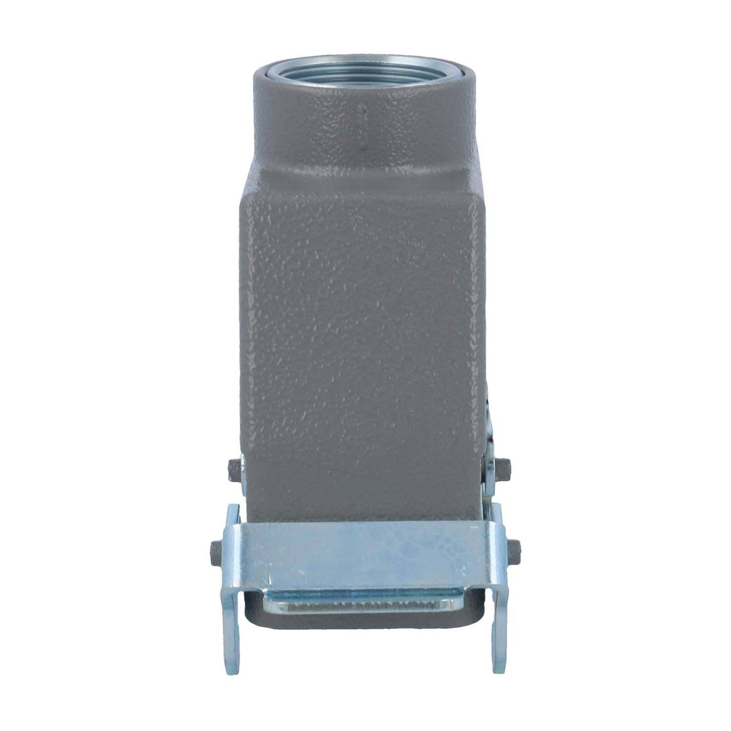 Ein grauer industrieller Steckverbinder mit rechteckiger Form und einem metallischen Scharnier am unteren Ende, der für sichere elektronische Verbindungen verwendet wird.