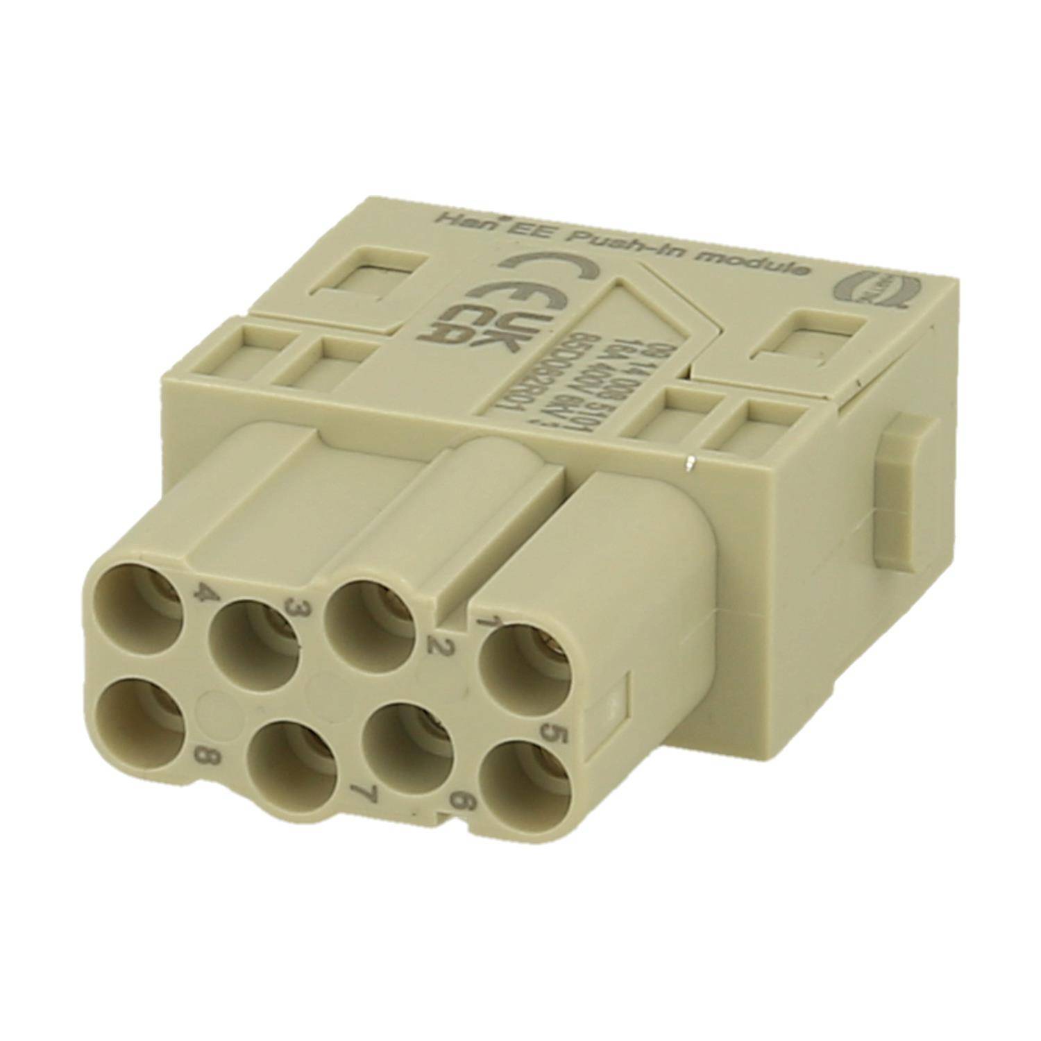 Beiger elektrischer Stecker mit acht kreisrunden Buchsensockeln, die in zwei Reihen zu je vier angeordnet sind, gekennzeichnet als ‚Harting Push-In-Modul'.