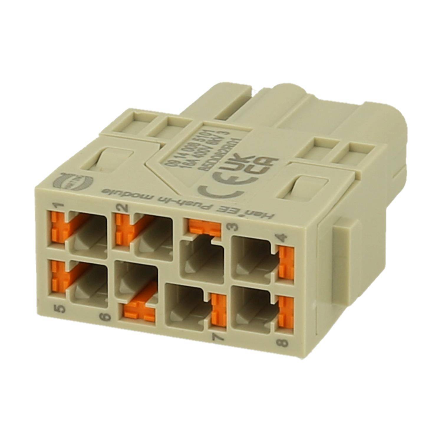 Ein beiger Kunststoff-Verbindungswürfel mit acht Schlitzen, einige davon mit orangefarbenen Laschen und von 1 bis 8 nummeriert. Es handelt sich um eine elektrische Komponente mit Etikettenmarkierungen.