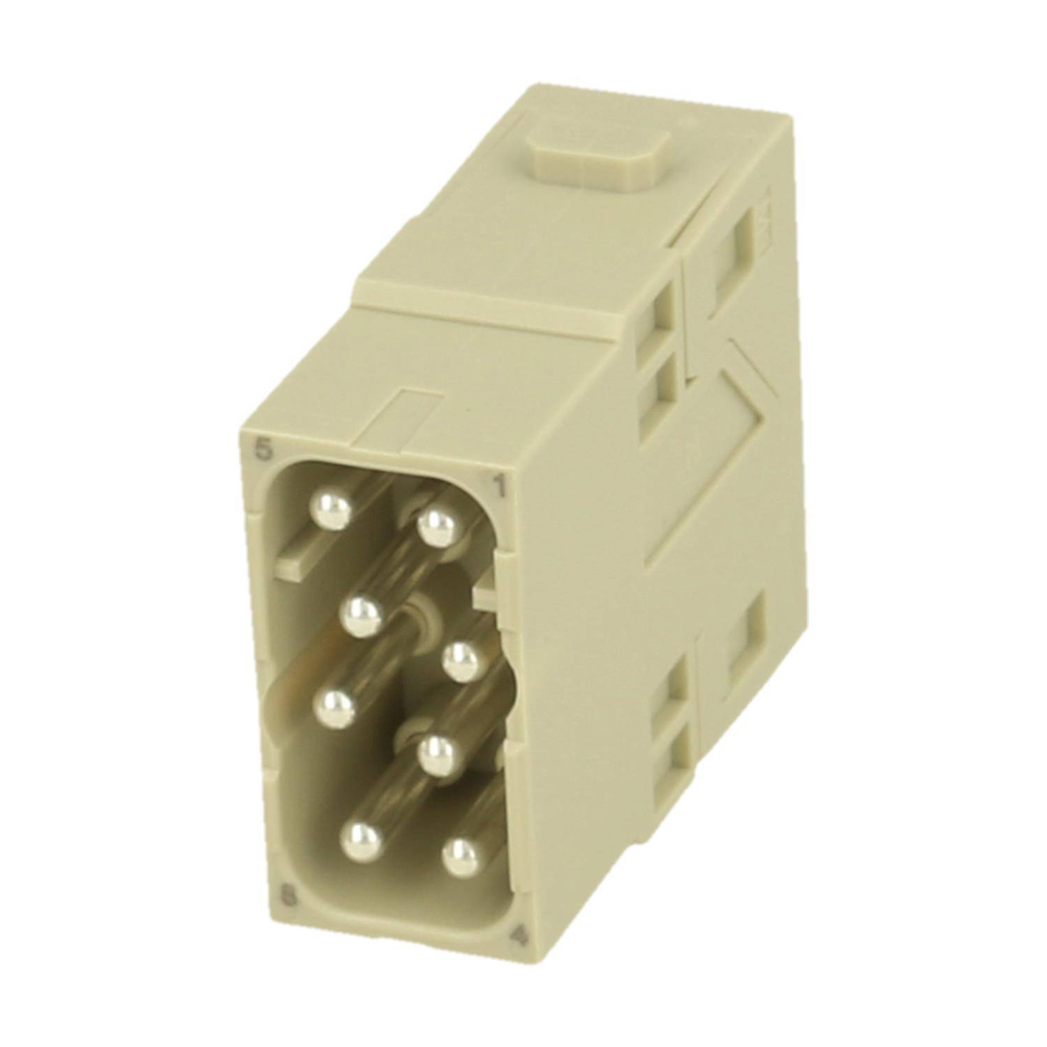 Rechteckiger elektrischer Steckverbinder mit sechs männlichen Pins, Gehäuse aus beigefarbenem Kunststoff, Ansicht aus einem Winkel mit Darstellung der Anschlusspunkte.