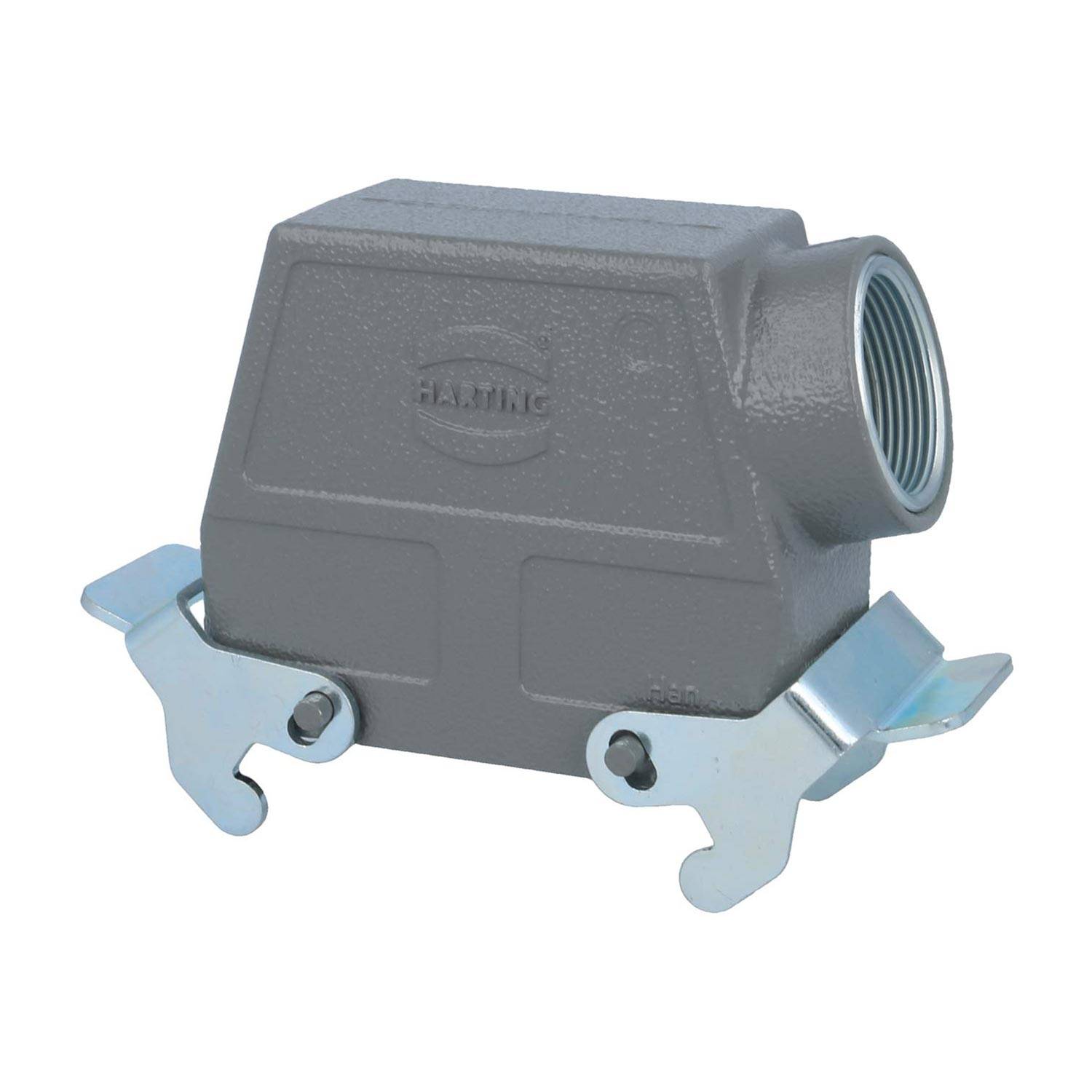 Rechteckiges metallisches Anschlussgehäuse mit zwei Befestigungsclips an beiden Seiten. Es verfügt über einen Gewindeeingang auf der oberen rechten Seite für die Kabelanbindung.