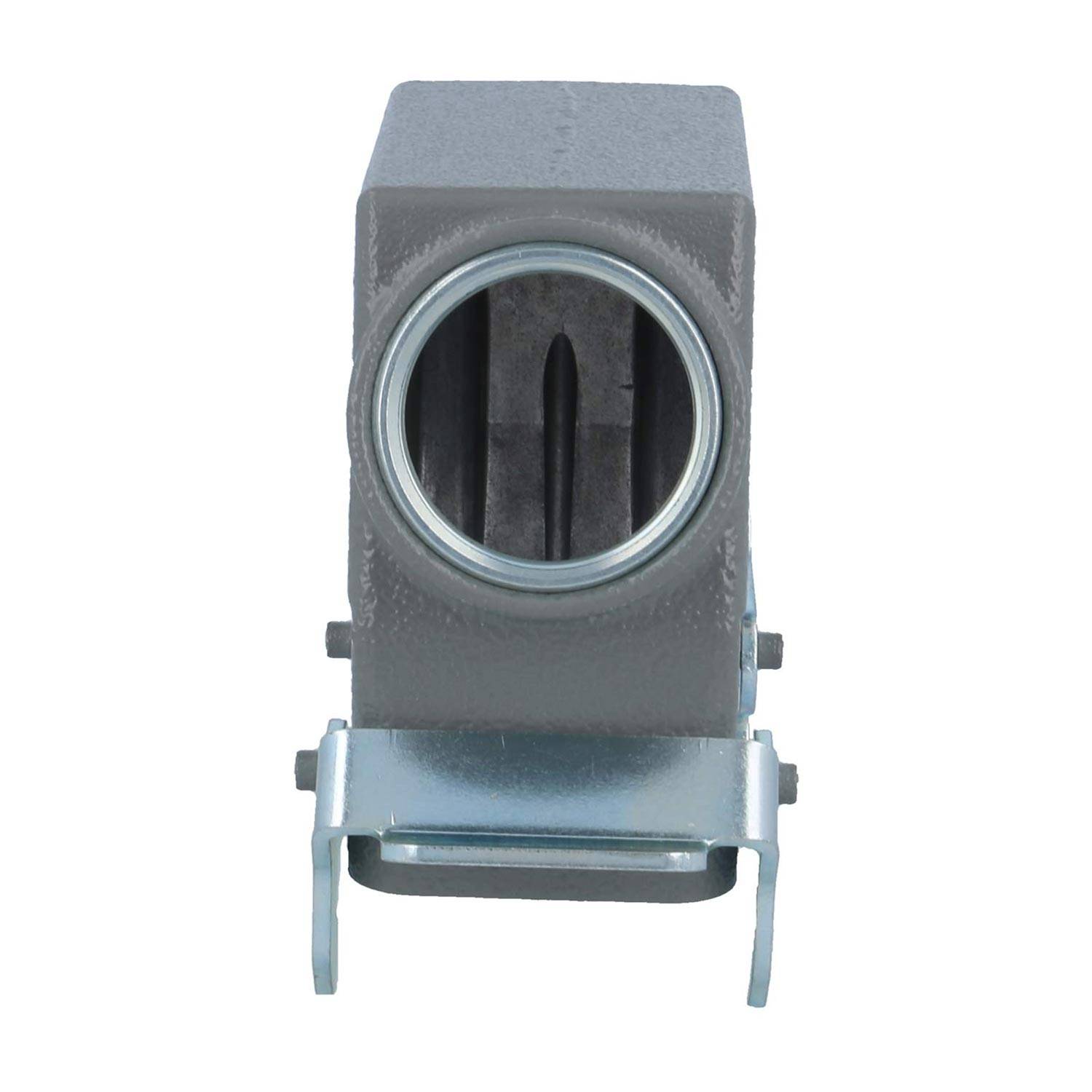 Ein Metallgehäuse in rechteckiger Form mit einer kreisförmigen Öffnung, die eine Lüftungsöffnung enthält und an seiner Basis von einem Metallhalter gestützt wird.