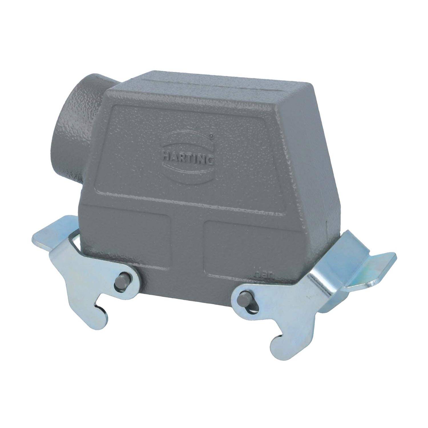 Ein grauer industrieller Anschlussgehäuse mit zwei Metallklammern an jeder Seite und einem ovalen Logo als Prägung.