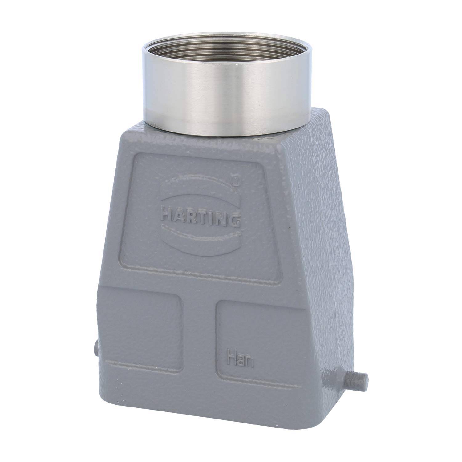 Ein metallisches industrielles Anschlussgehäuse mit rechteckiger Grundfläche und zylindrischem Oberteil, das auf der Vorderseite mit 'HARTING' beschriftet ist.