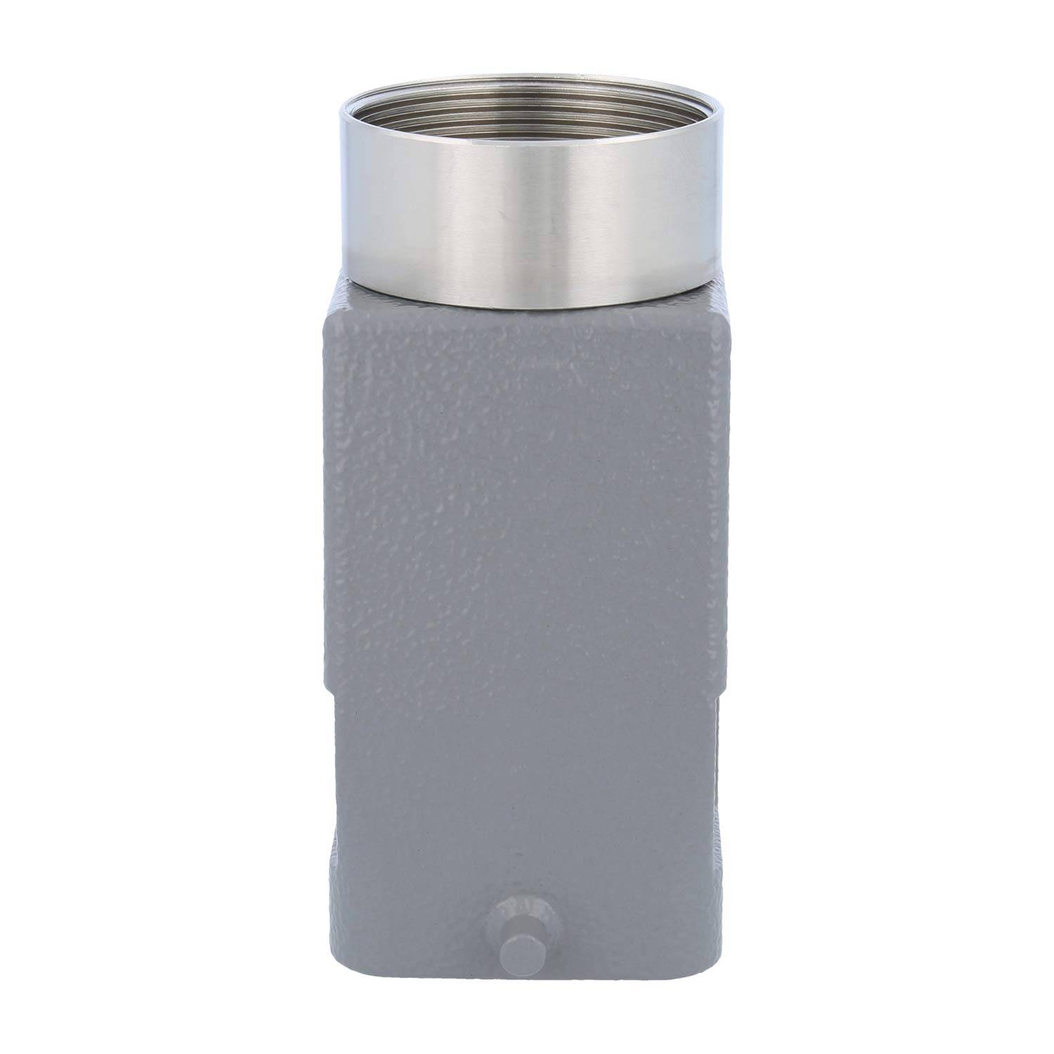 Eine graue, rechteckige Industriekomponente mit einem metallischen, gewindeten Oberteil.