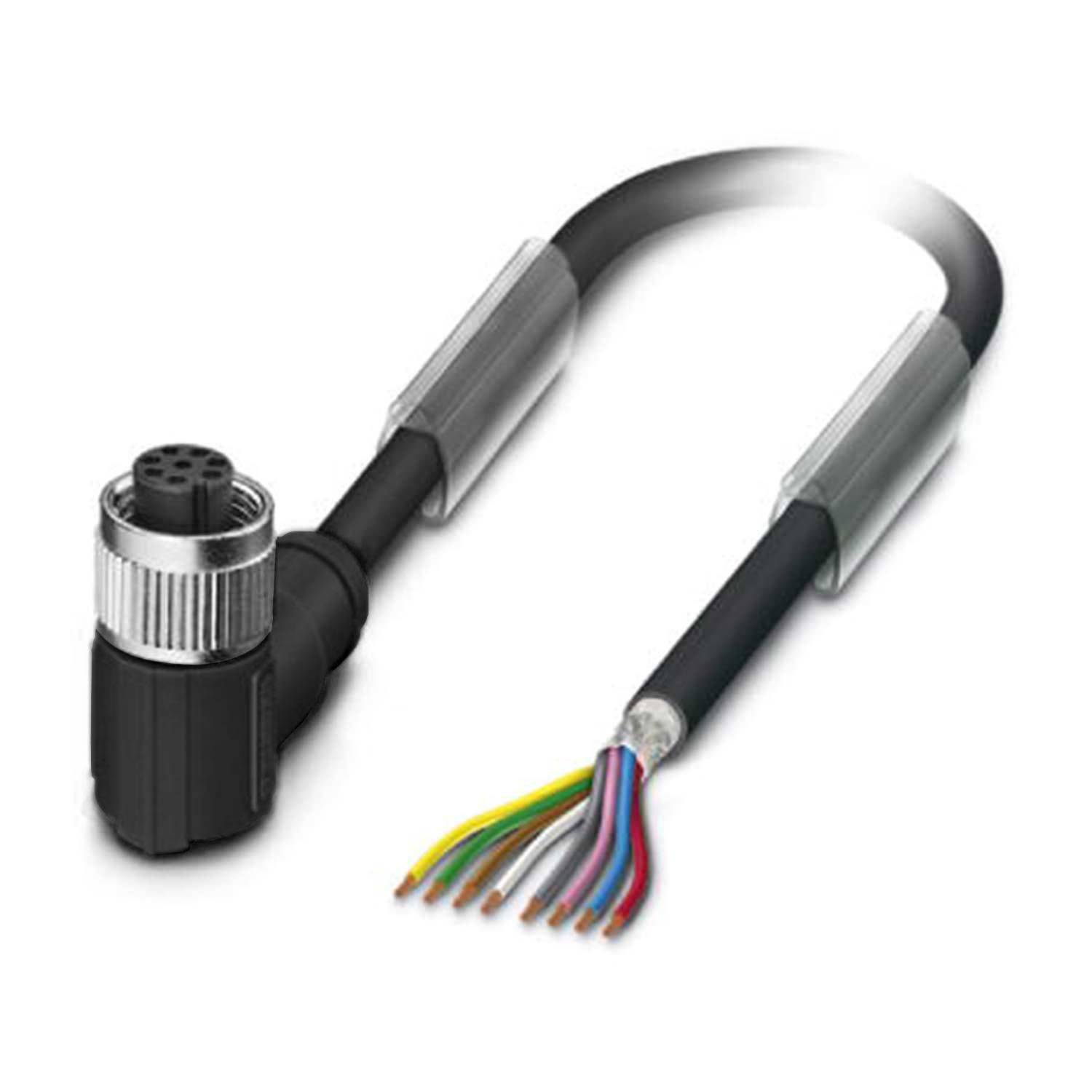 Ein schwarzer, kreisförmiger elektrischer Steckverbinder mit mehreren farbigen Innendrähten, die an einem Ende freigelegt sind.