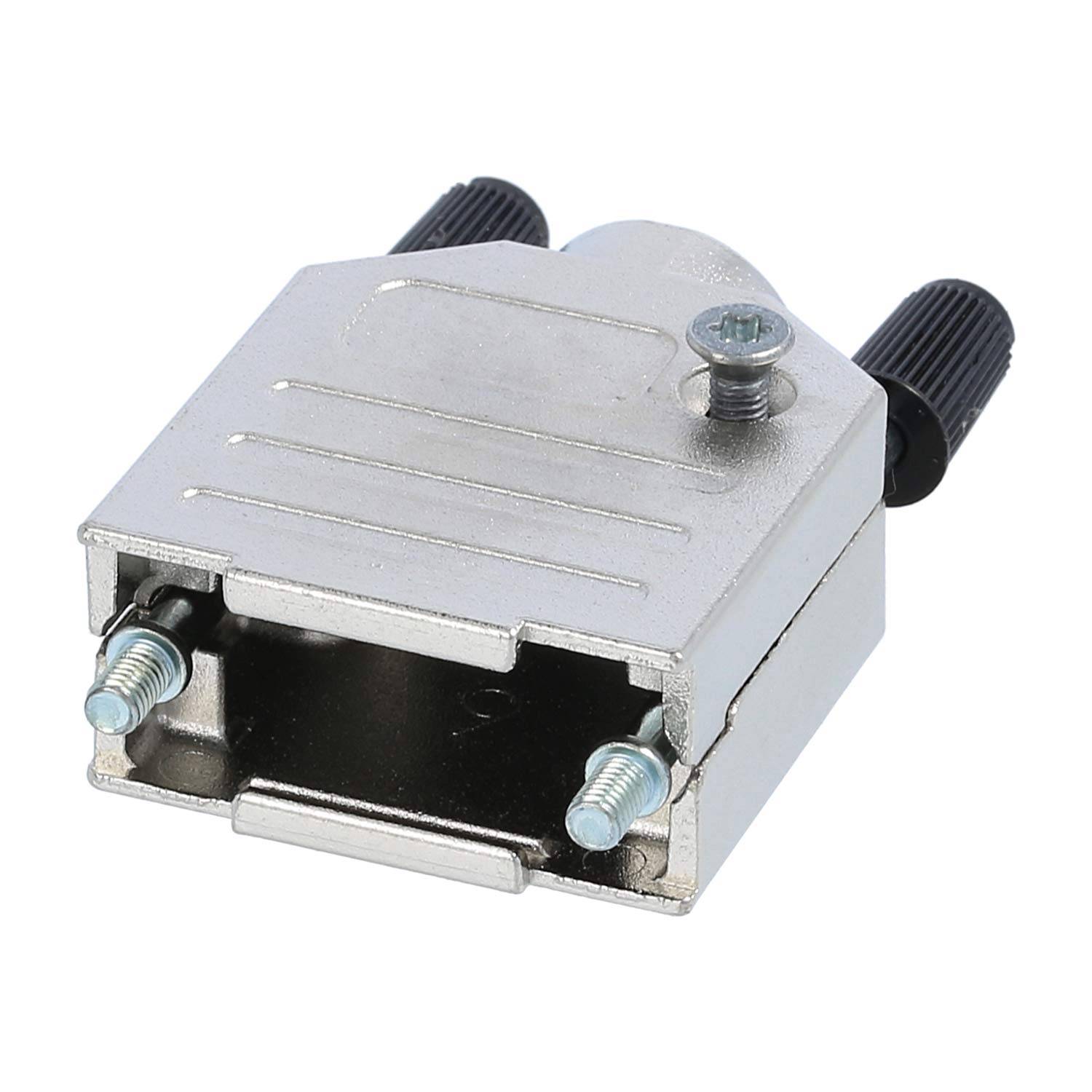 Eine Metall-D-Sub-Anschlussabdeckung mit Schrauben, die zum Schutz und zur Sicherung von Verbindungen in elektronischen Aufbauten verwendet wird.