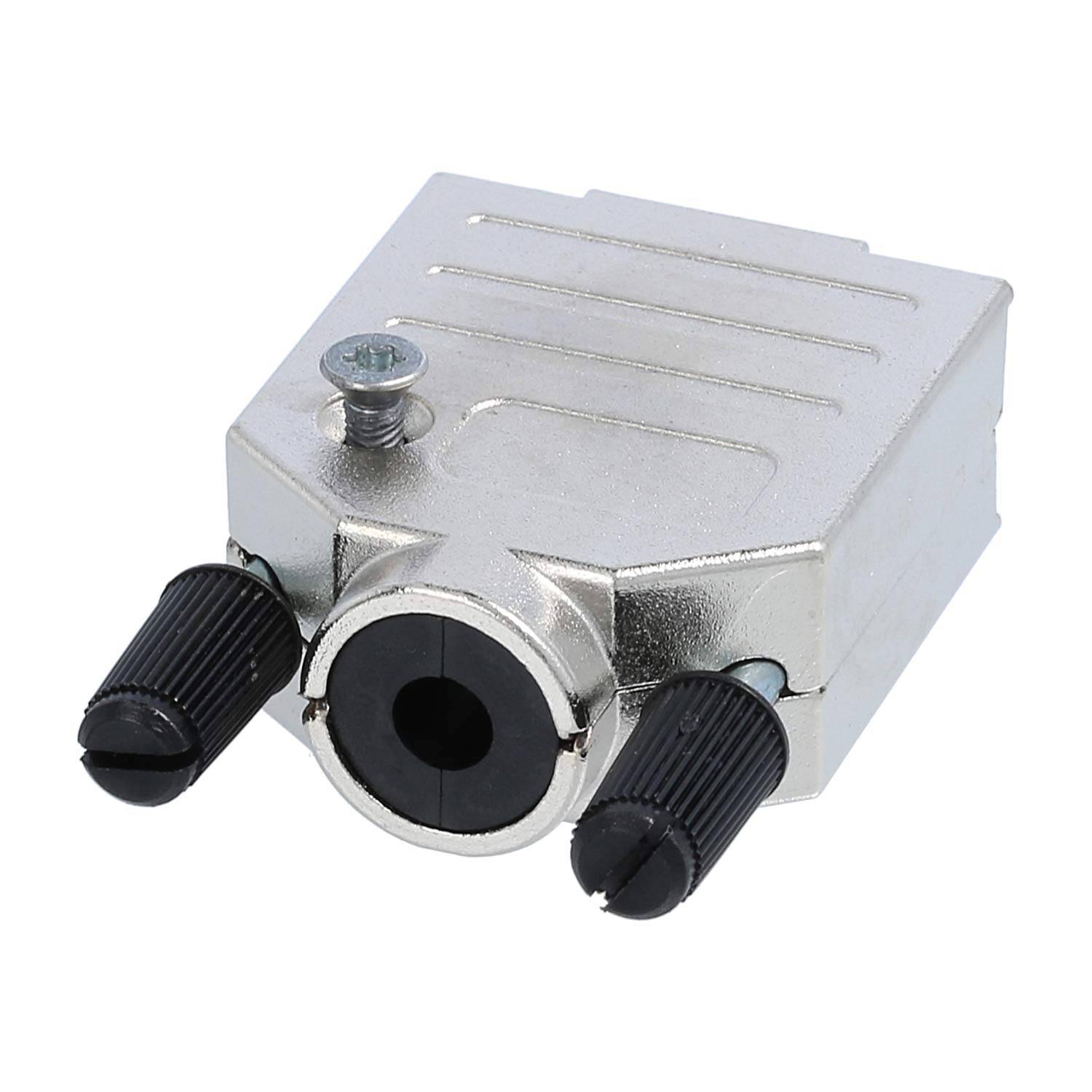 Ein rechteckiger metallischer Anschluss mit zwei schwarzen Knöpfen und einer zentralen Öffnung, der für Audio- oder Videoverbindungen verwendet wird.