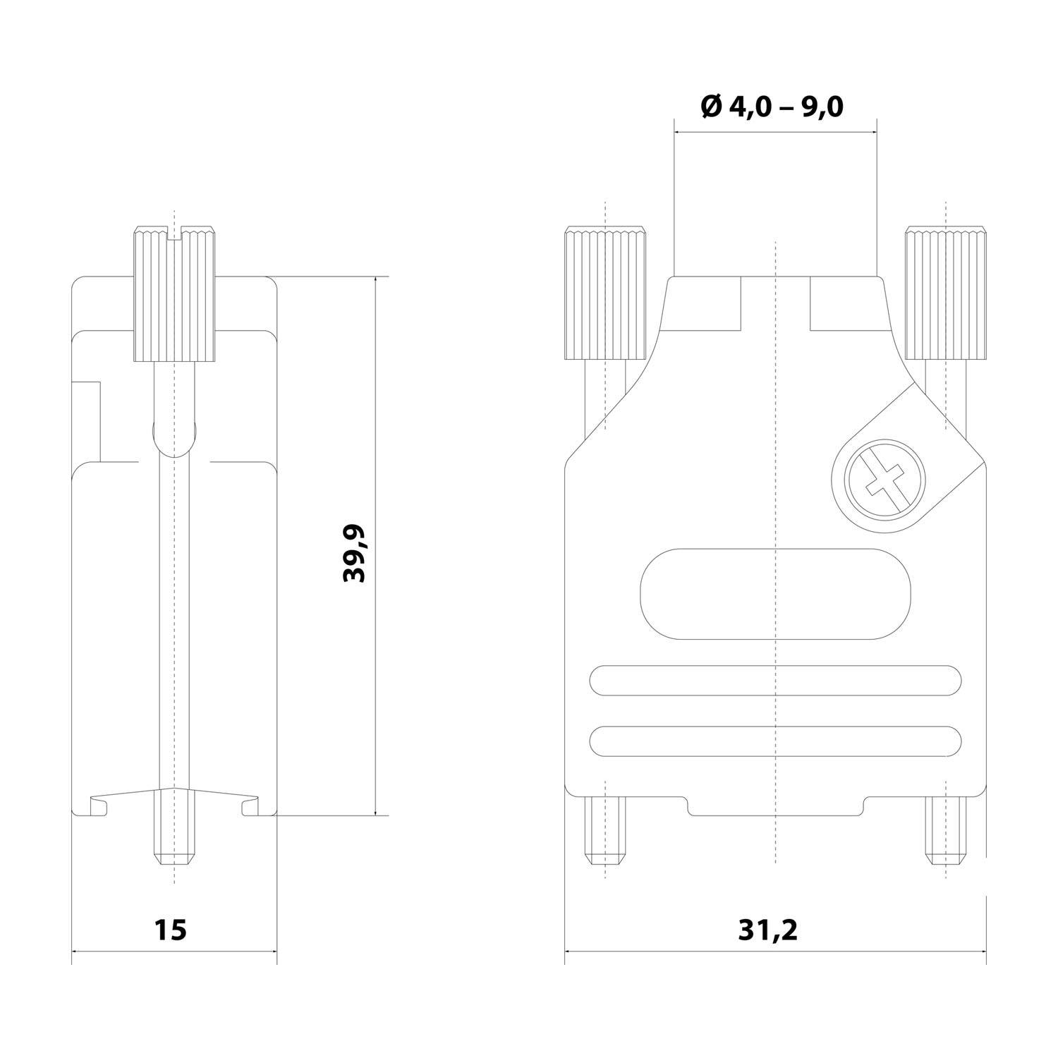 Technische Zeichnung einer mechanischen Gerätekomponente mit Abmessungen beschriftet als '15', '39.9', '31.2' und einem Durchmesserbereich 'Ø 4.0 – 9.0'.