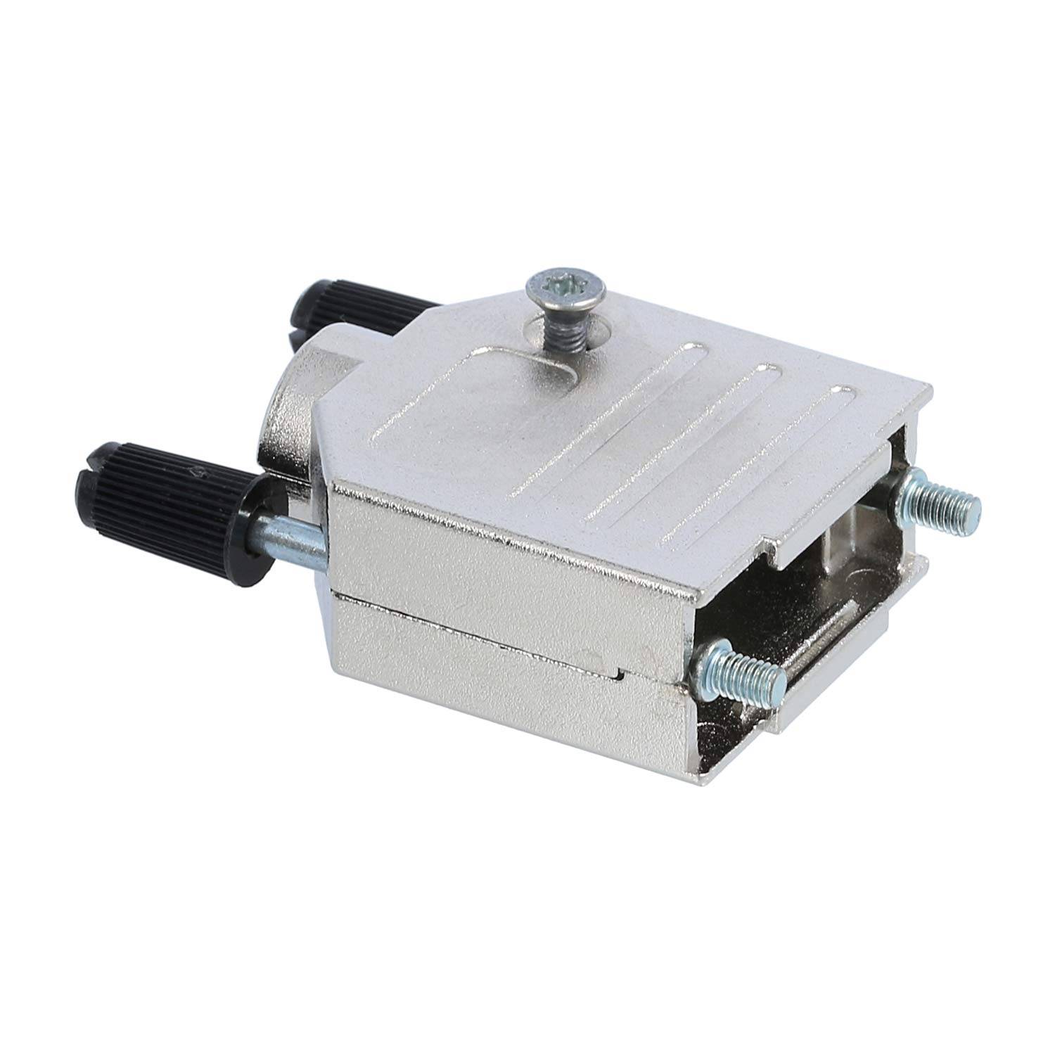 Metallisches DB9-Anschlussgehäuse mit Schrauben und zwei schwarzen Kabelbefestigungen, entwickelt zum Schutz und zur Unterstützung von DB9-Steckverbindern während des Gebrauchs.