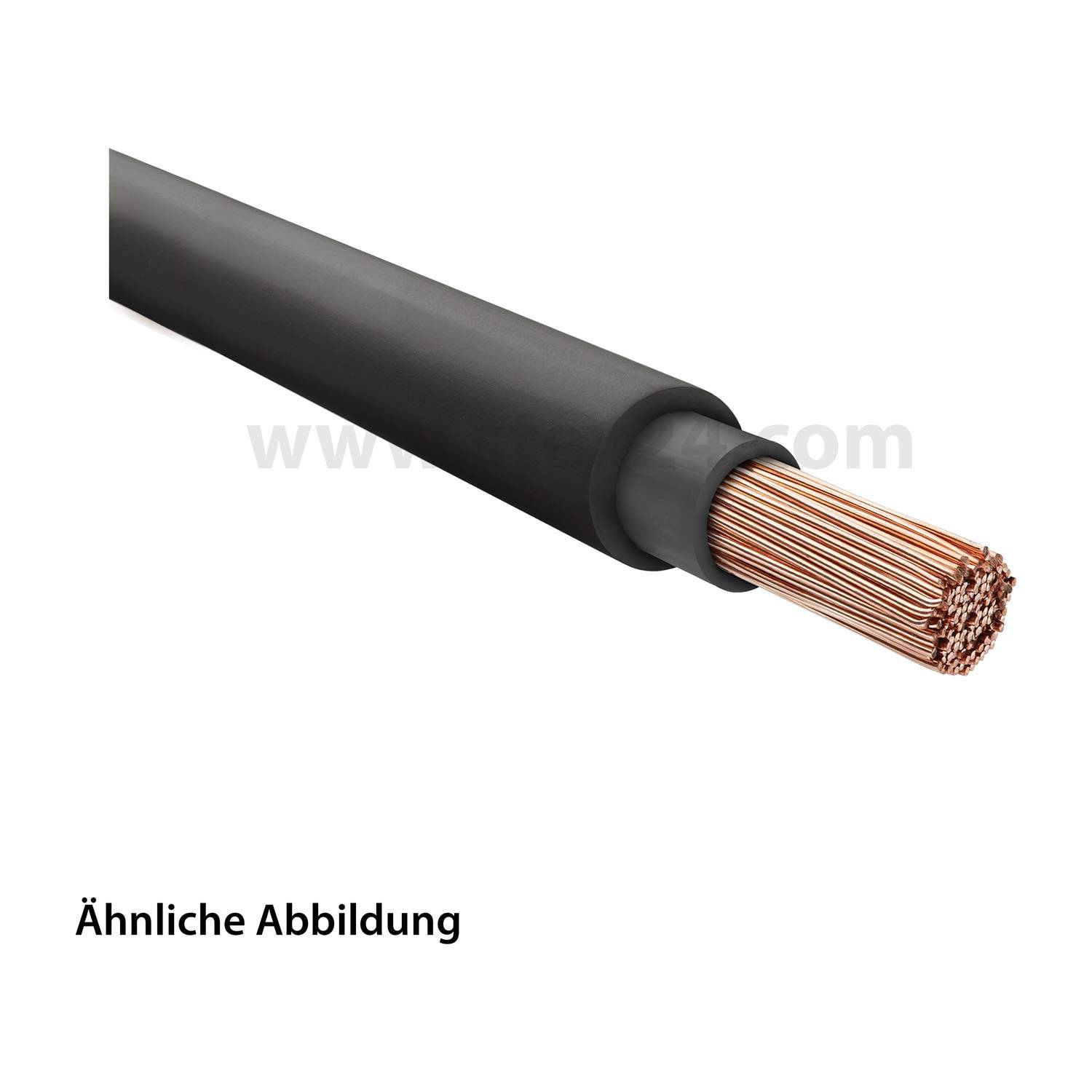 Ähnliche Abbildung' zeigt ein schwarzes isoliertes elektrisches Kabel mit freiliegenden Kupfersträngen an einem Ende, was einen Kabelquerschnitt darstellt.