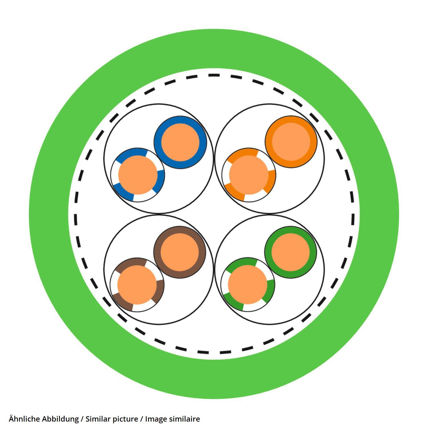 Diagramm eines Querschnitts eines Kabels mit vier verdrillten Adernpaaren. Jedes Paar ist farbcodiert in Blau, Orange, Braun und Grün.