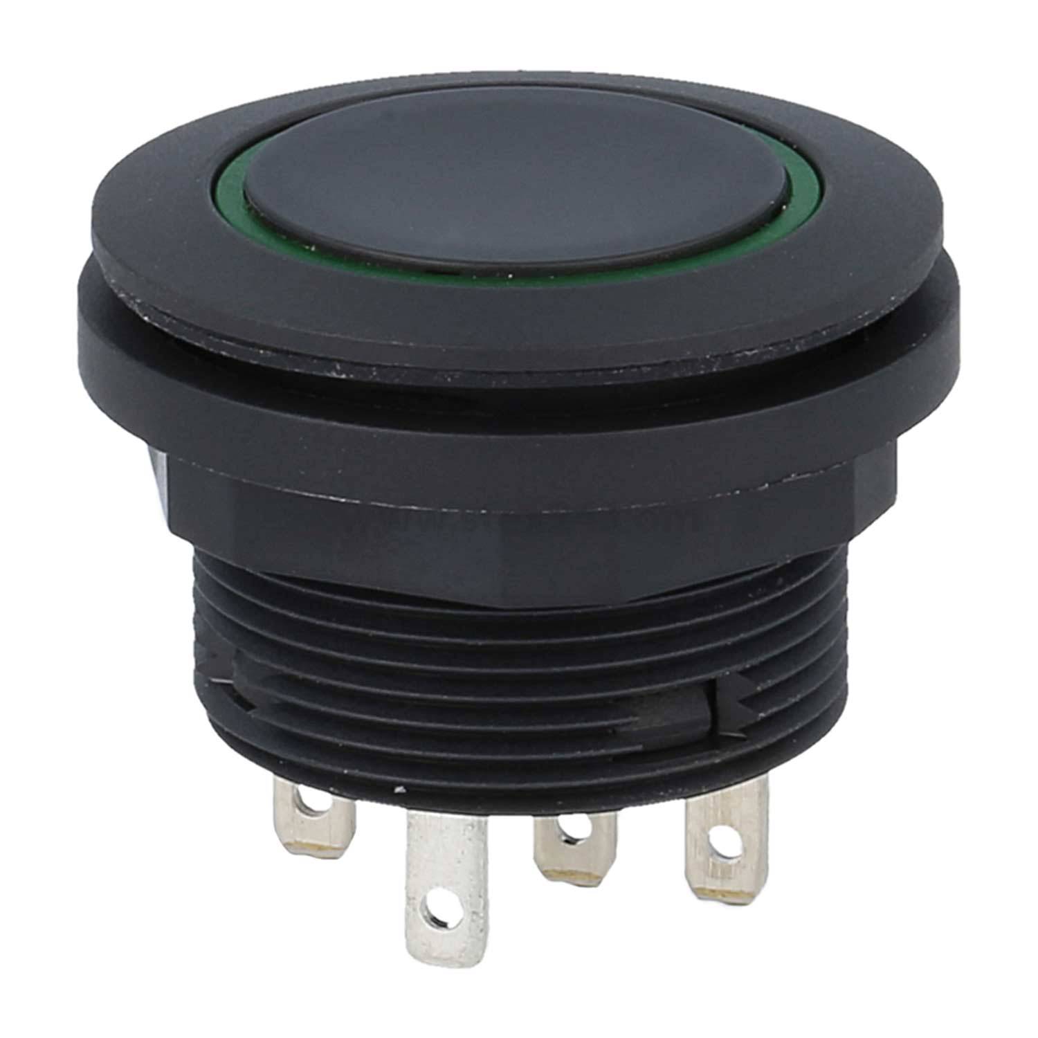 Ein runder schwarzer Druckknopfschalter mit strukturierter Oberfläche, metallischen Anschlüssen an der Basis und einem grünen Ring direkt unterhalb des Knopfrandes.