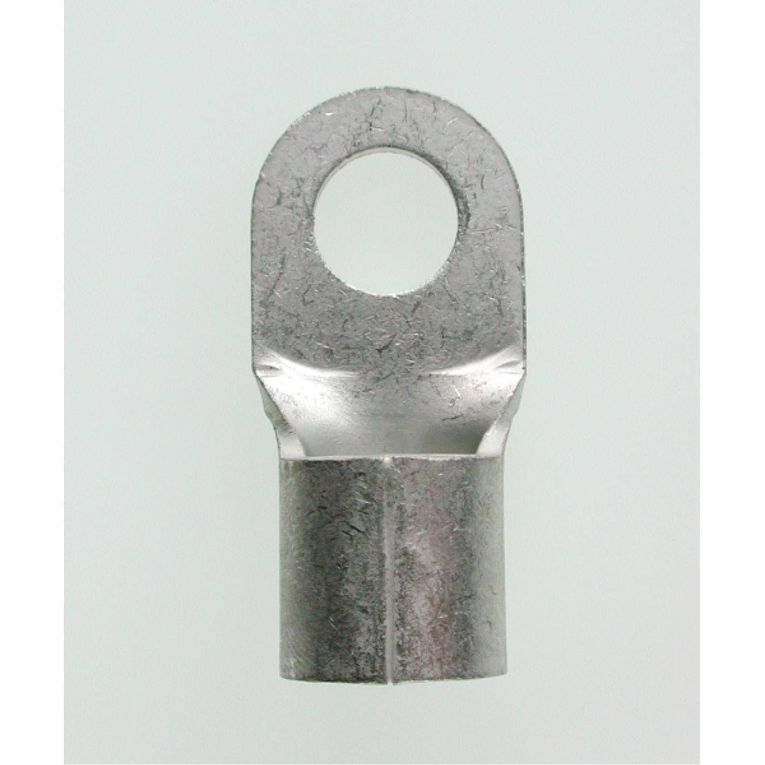 Ein metallischer Anschlussklemme mit einer kreisförmigen Öffnung oben und einem hohlen zylindrischen Boden zum Anschließen von Drähten.