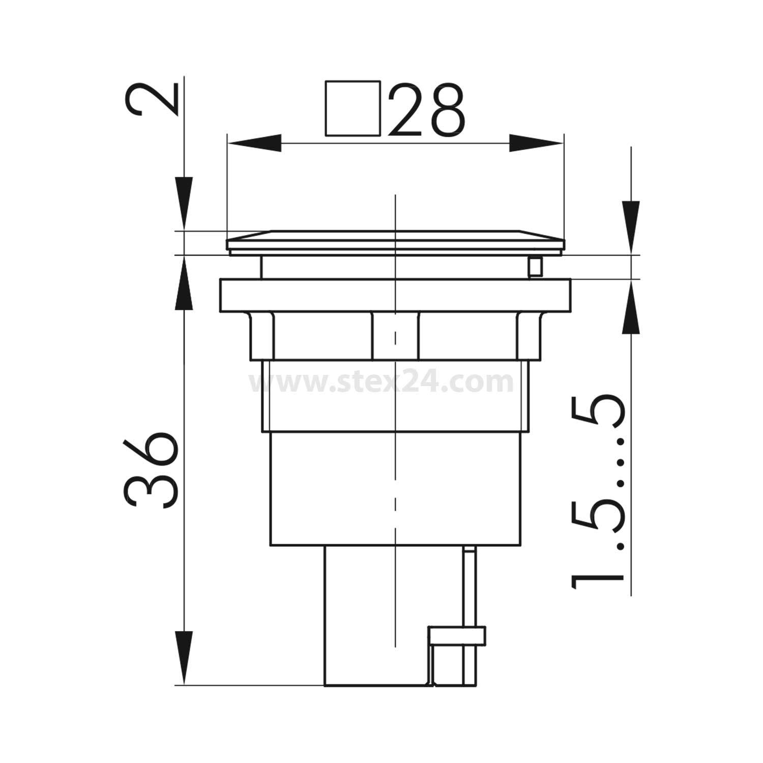 Technische Zeichnung eines Geräts mit quadratischer Oberseite, gekennzeichnet mit 28, und Maßangaben: Höhe 36, Breite 2, und Tiefenbereich 1,5 bis 5,5.