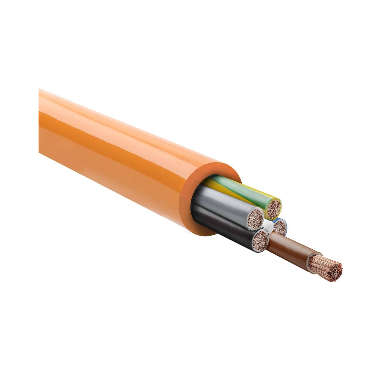 Querschnitt eines orangefarbenen Elektrokabels, das mehrere isolierte Drähte verschiedener Farben im Inneren zeigt.