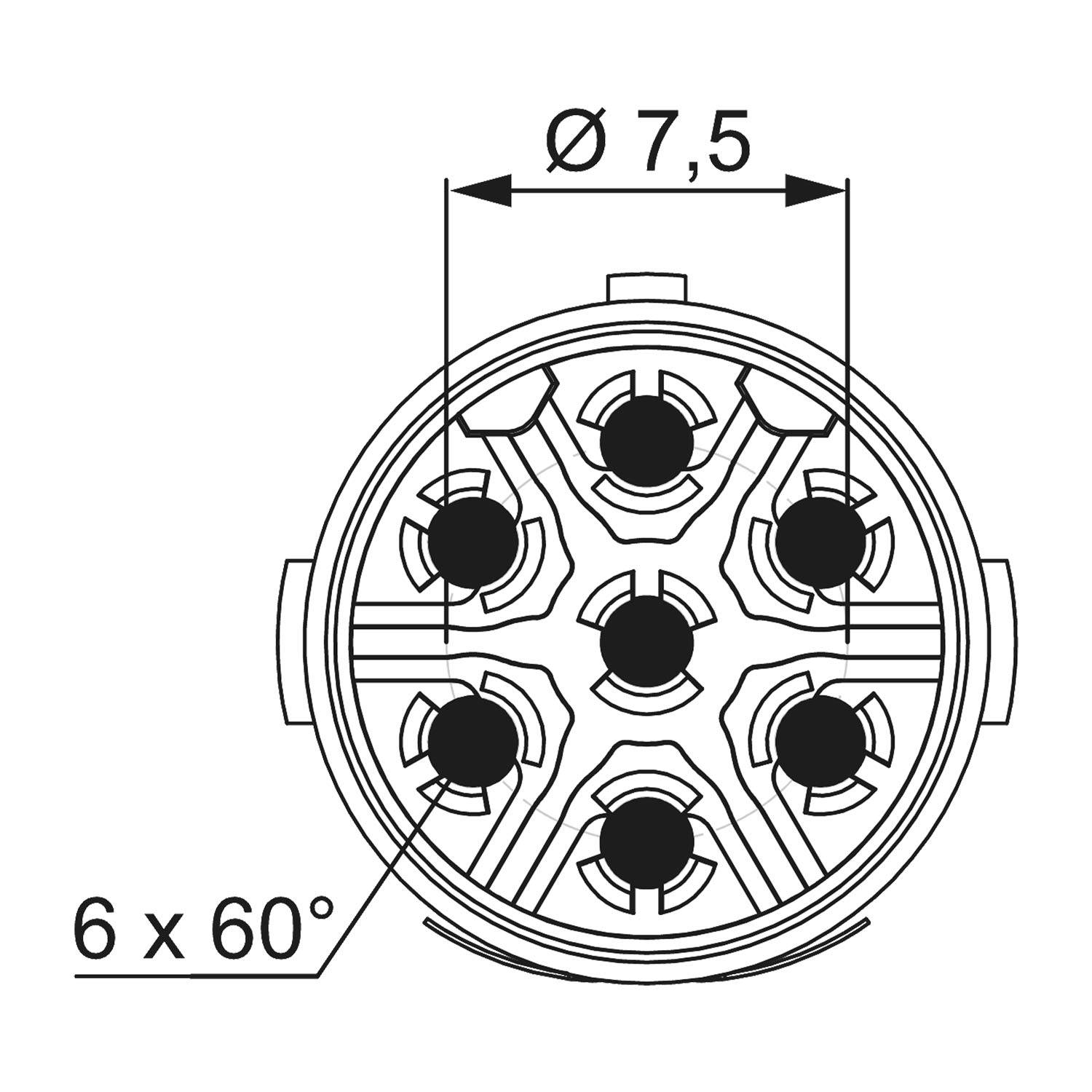 Technische Zeichnung eines Rundsteckverbinders mit sieben gleichmäßig verteilten Löchern im Inneren. Außendurchmesser gekennzeichnet als Ø 7,5 und 6 x 60°-Winkel.