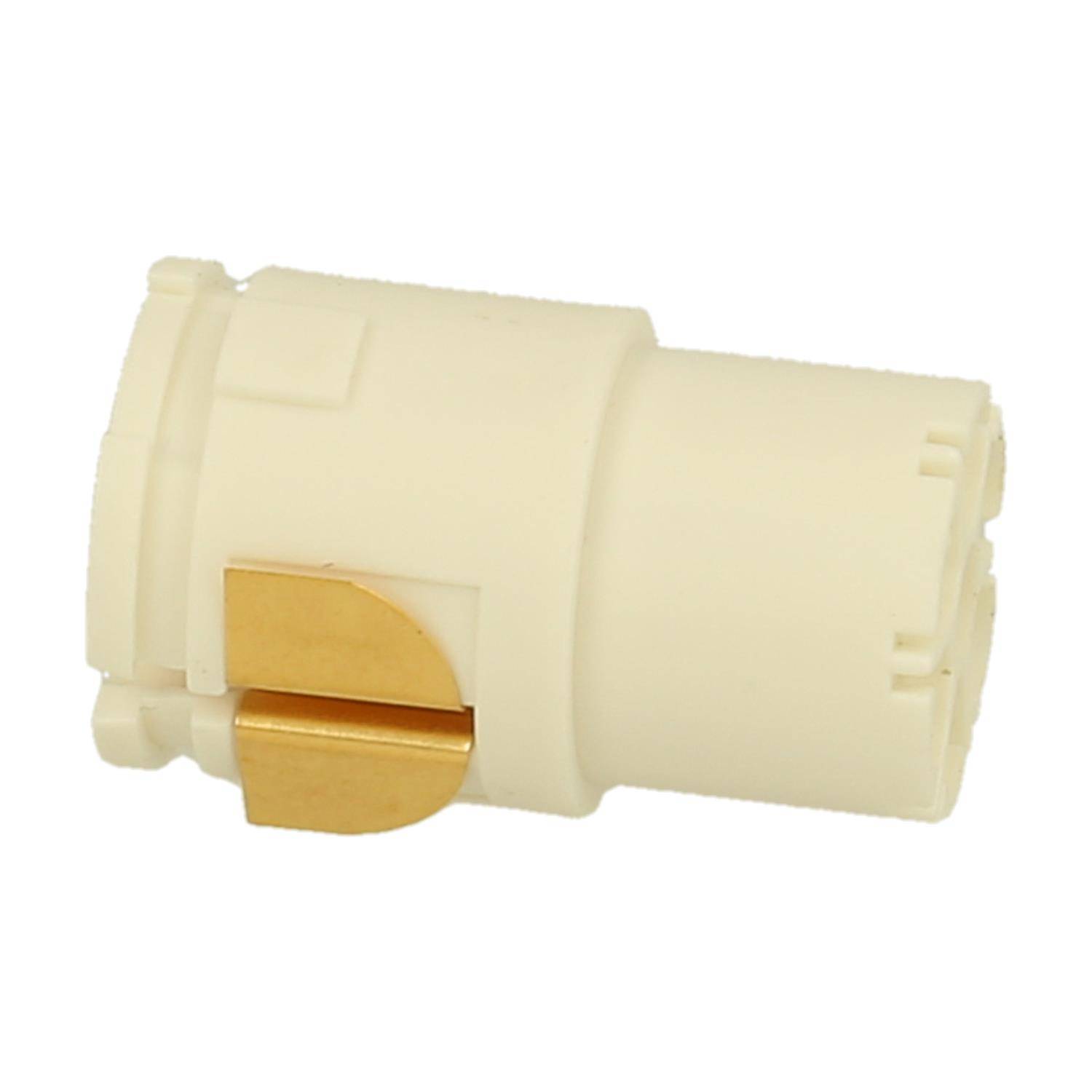 Ein weißer und goldener koaxialer Adapter mit einer zylindrischen Form.