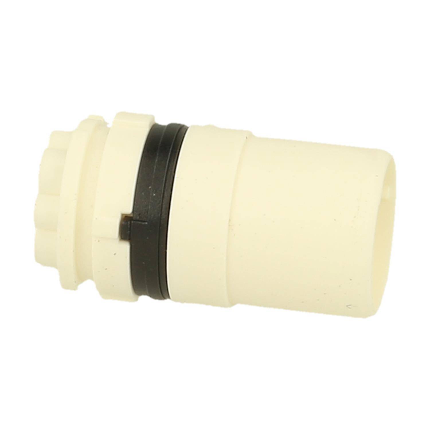 Eine cremefarbene, zylindrische Kunststoffkomponente mit einem strukturierten Band um ihre Mitte.