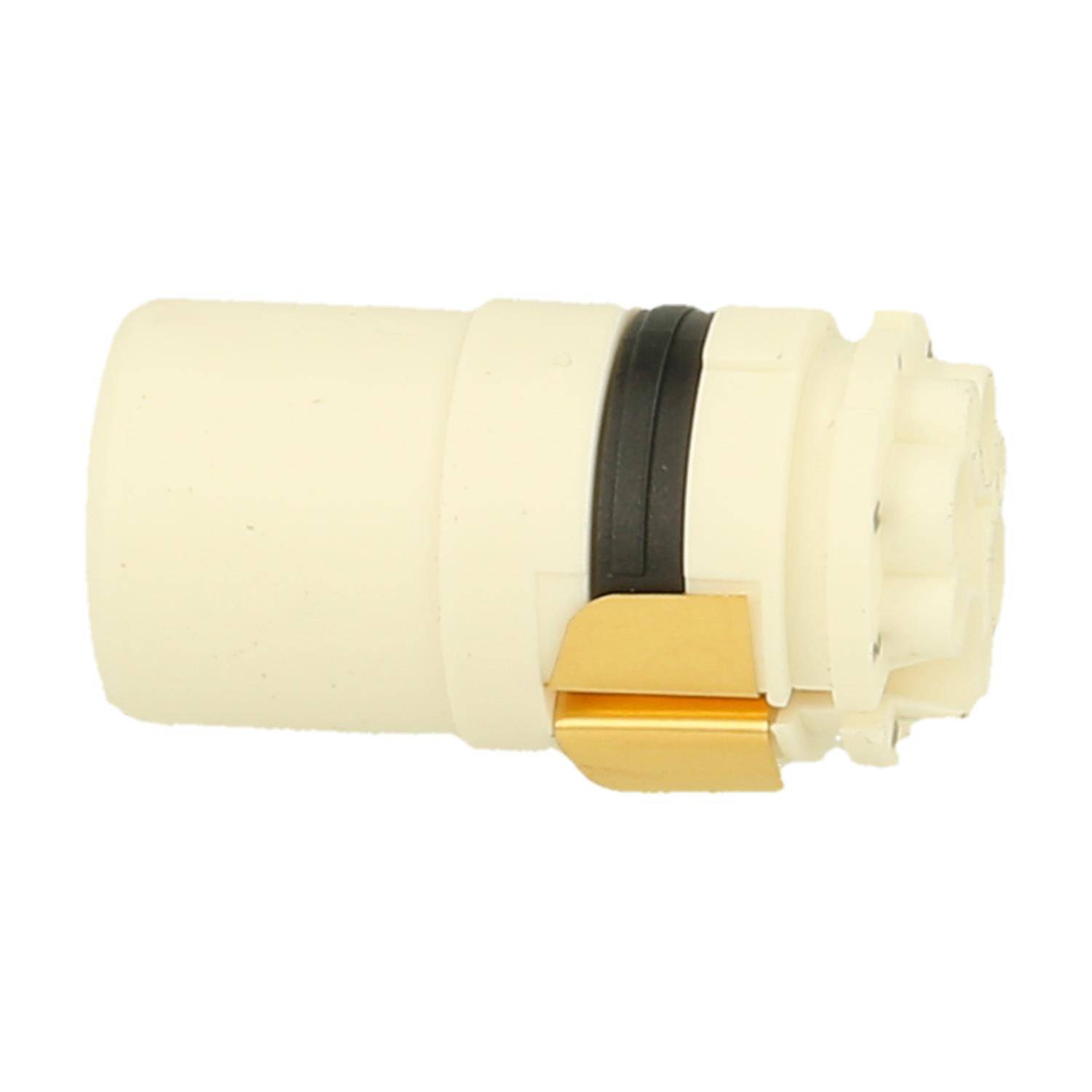 Eine weiße zylindrische Elektronikomponente mit einem schwarzen Band und goldenen Kontakten, die zum Verbinden von Teilen in elektronischen Geräten verwendet wird.