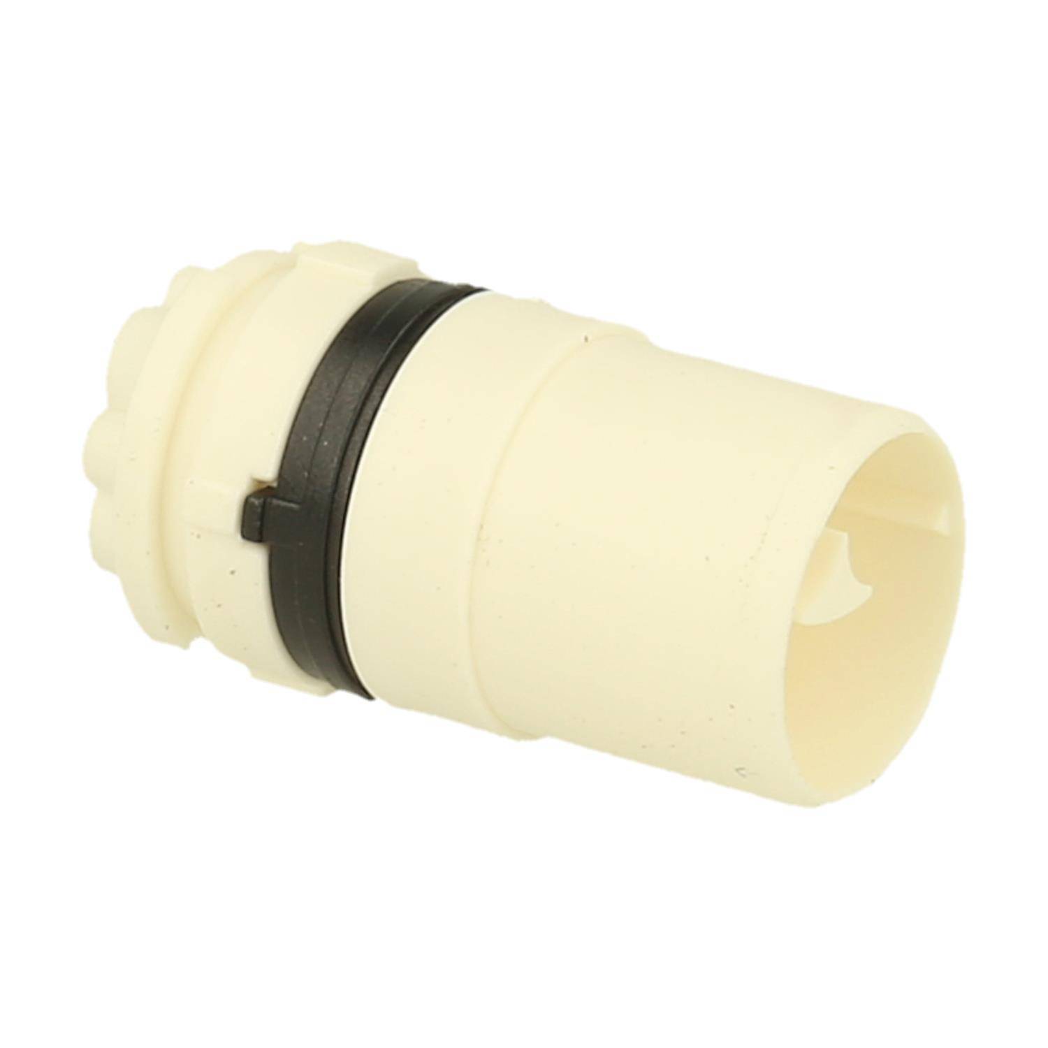 Eine Nahaufnahme eines weißen Plastikverbinders mit einem schwarzen Ring in der Mitte, die seine zylindrische Form und geriffelte Details zeigt.