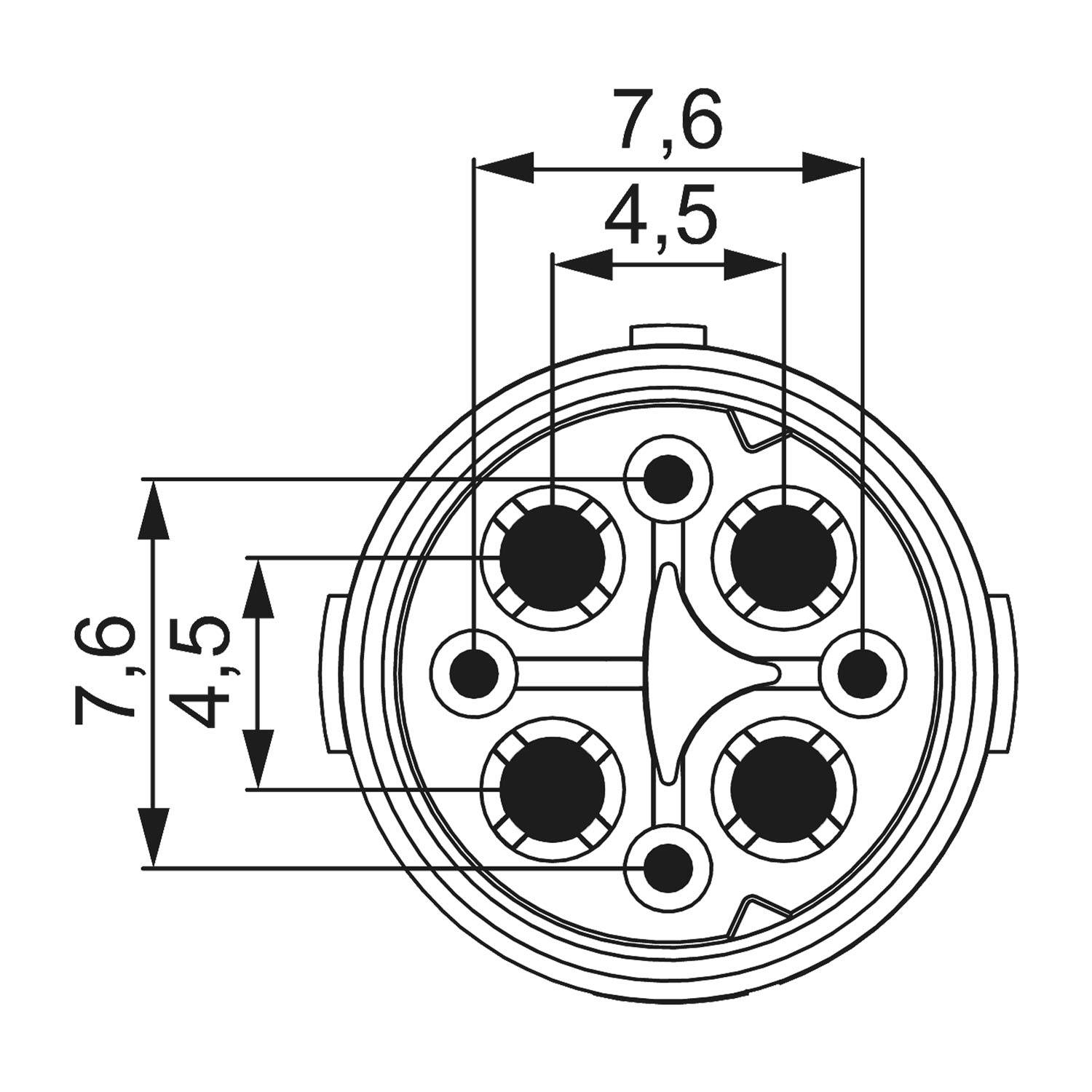 Diagramm, das einen Stecker mit fünf kreisförmigen Pins in einer kreisförmigen Anordnung zeigt. Dimensionen beschriftet: 7,6 mm und 4,5 mm für Breite und Höhe.