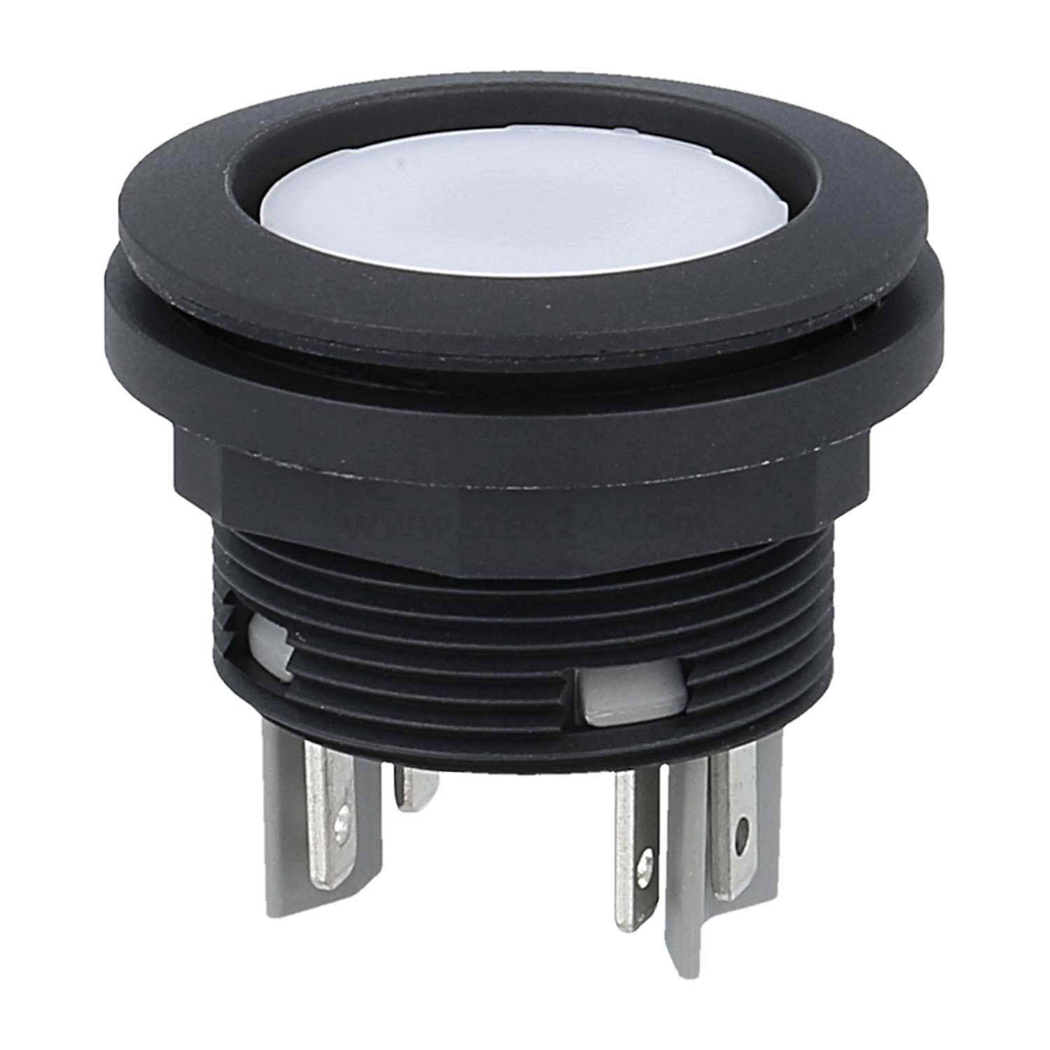 Ein schwarzer runder Drucktaster mit Metallzungen wird gezeigt, der wahrscheinlich für elektronische Schaltkreise oder Bedienfelder verwendet wird.