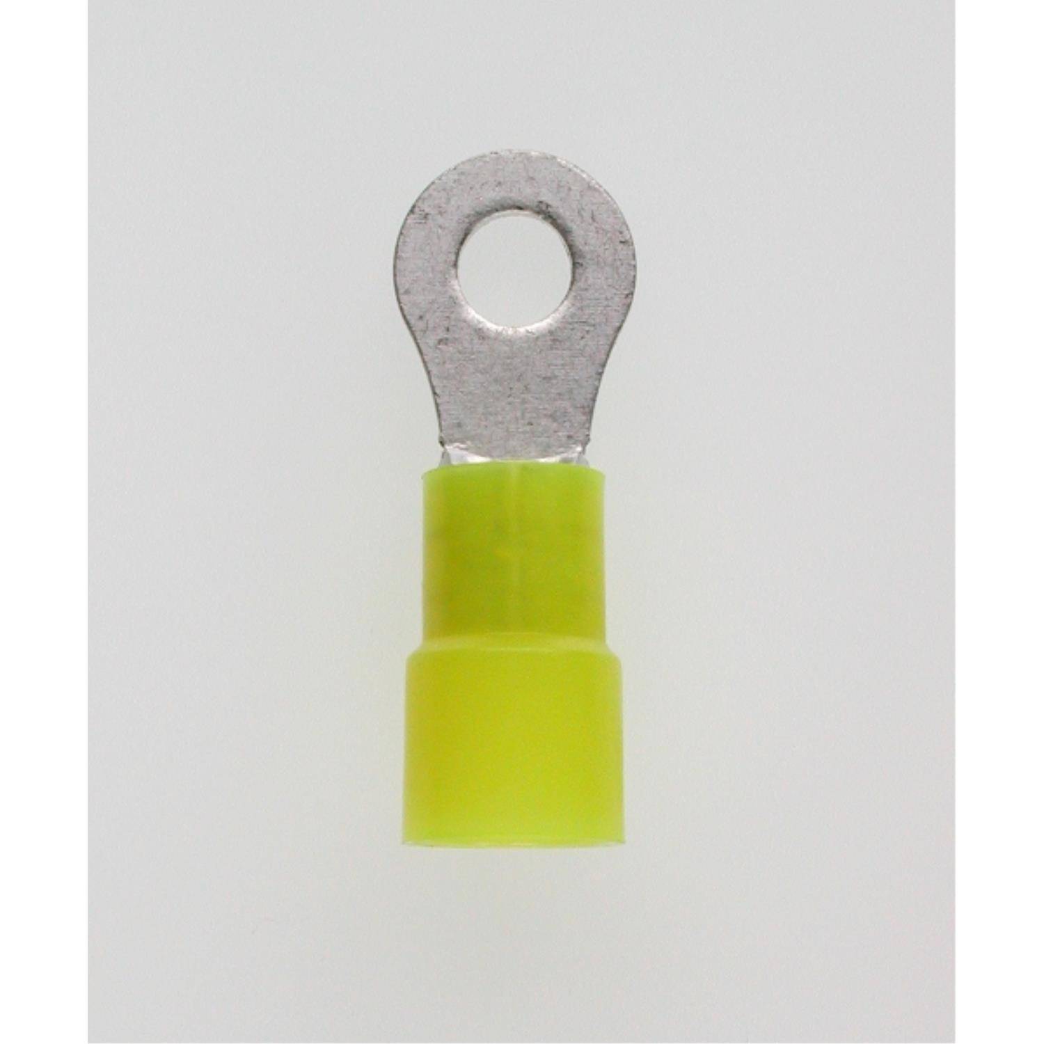 Ein gelbes isoliertes Ringluster vor einem weißen Hintergrund, das für elektrische Verbindungen verwendet wird, um eine sichere Drahtbefestigung zu gewährleisten.