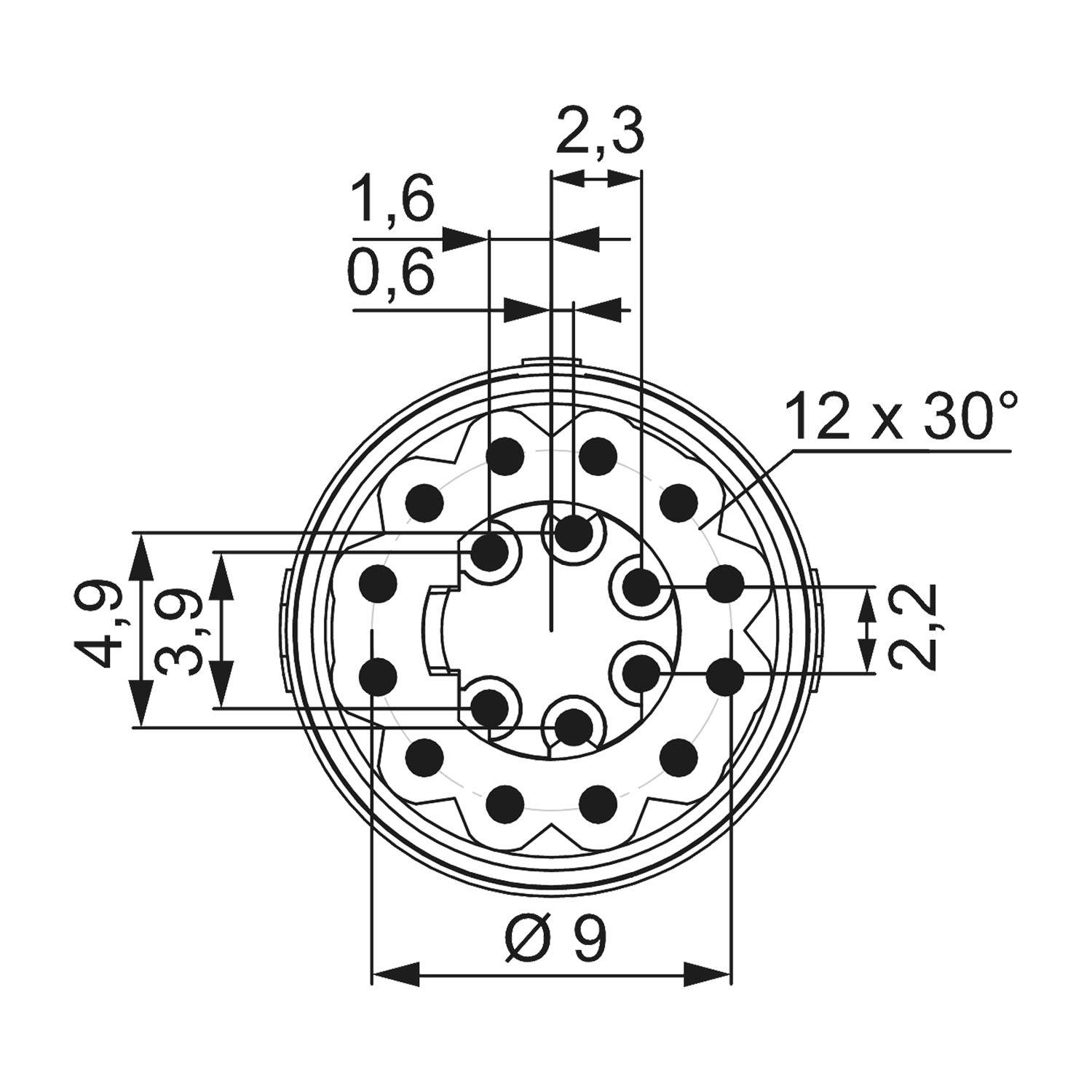 Technische Zeichnung einer mechanischen Komponente, die einen kreisförmigen Teil mit mehreren Abmessungen und Winkeln zeigt, einschließlich Durchmessern und Winkeln.