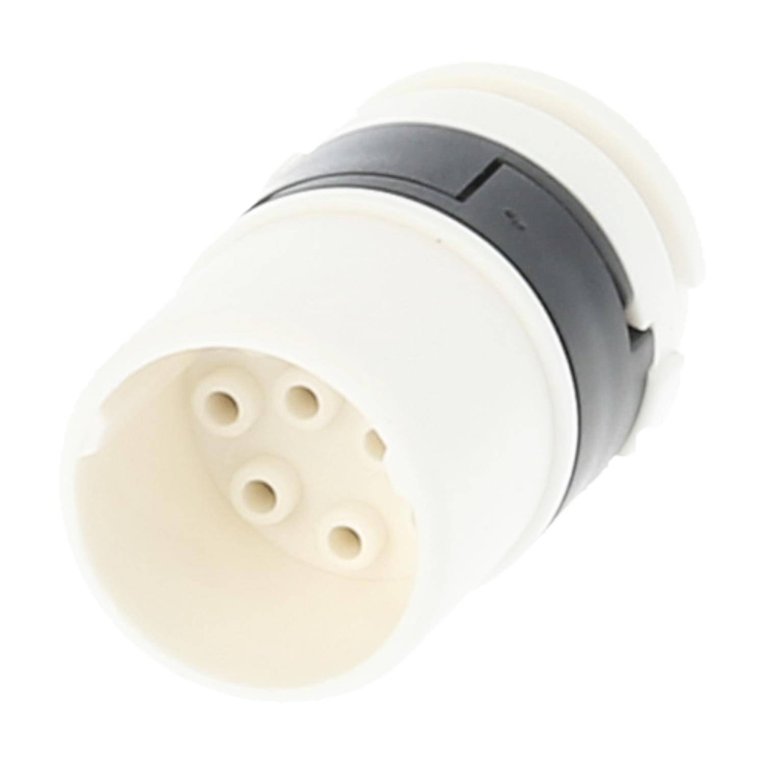 Ein weißer und schwarzer zylindrischer Stecker mit mehreren Löchern, höchstwahrscheinlich eine Verbinder- oder Socketkomponente.