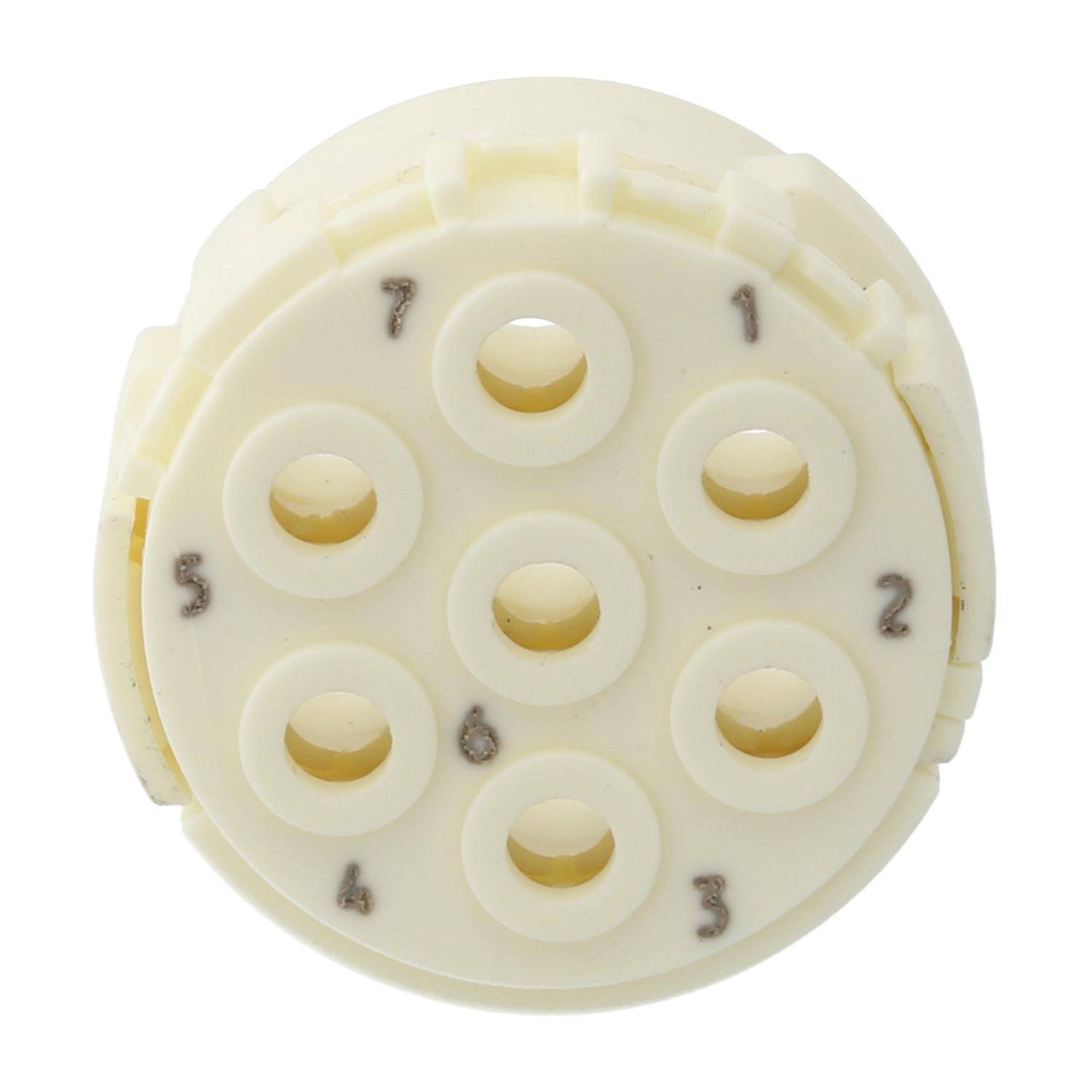 Ein weißer elektrischer Verbinder mit nummerierten Löchern von 1 bis 7, der typischerweise für die Organisation und Verbindung von Drähten bei technischen Aufgaben verwendet wird.