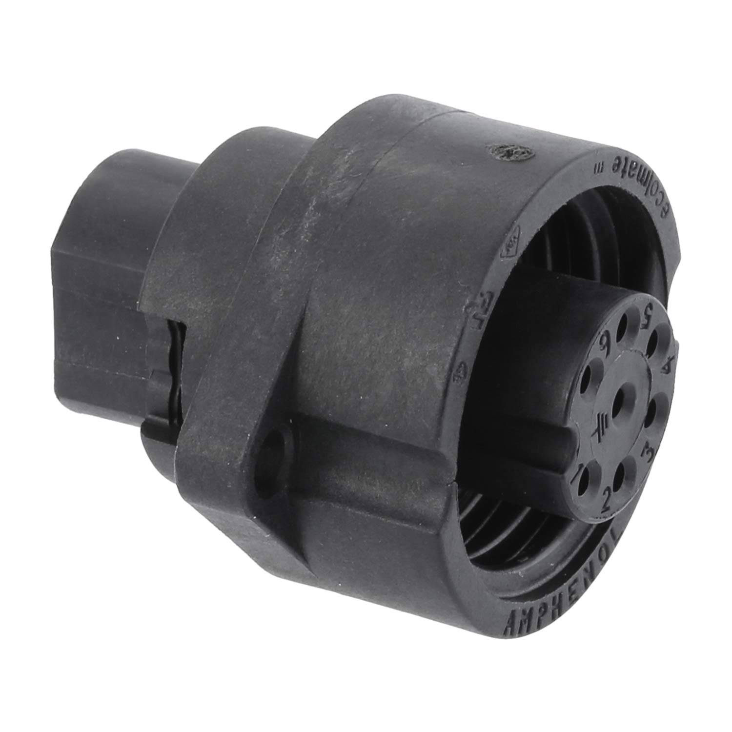 Ein schwarzer Automotive-Stecker mit mehreren kreisförmigen Kontaktstiften, der für elektrische Systeme in Fahrzeugen verwendet wird, vor einem einfarbigen Hintergrund.