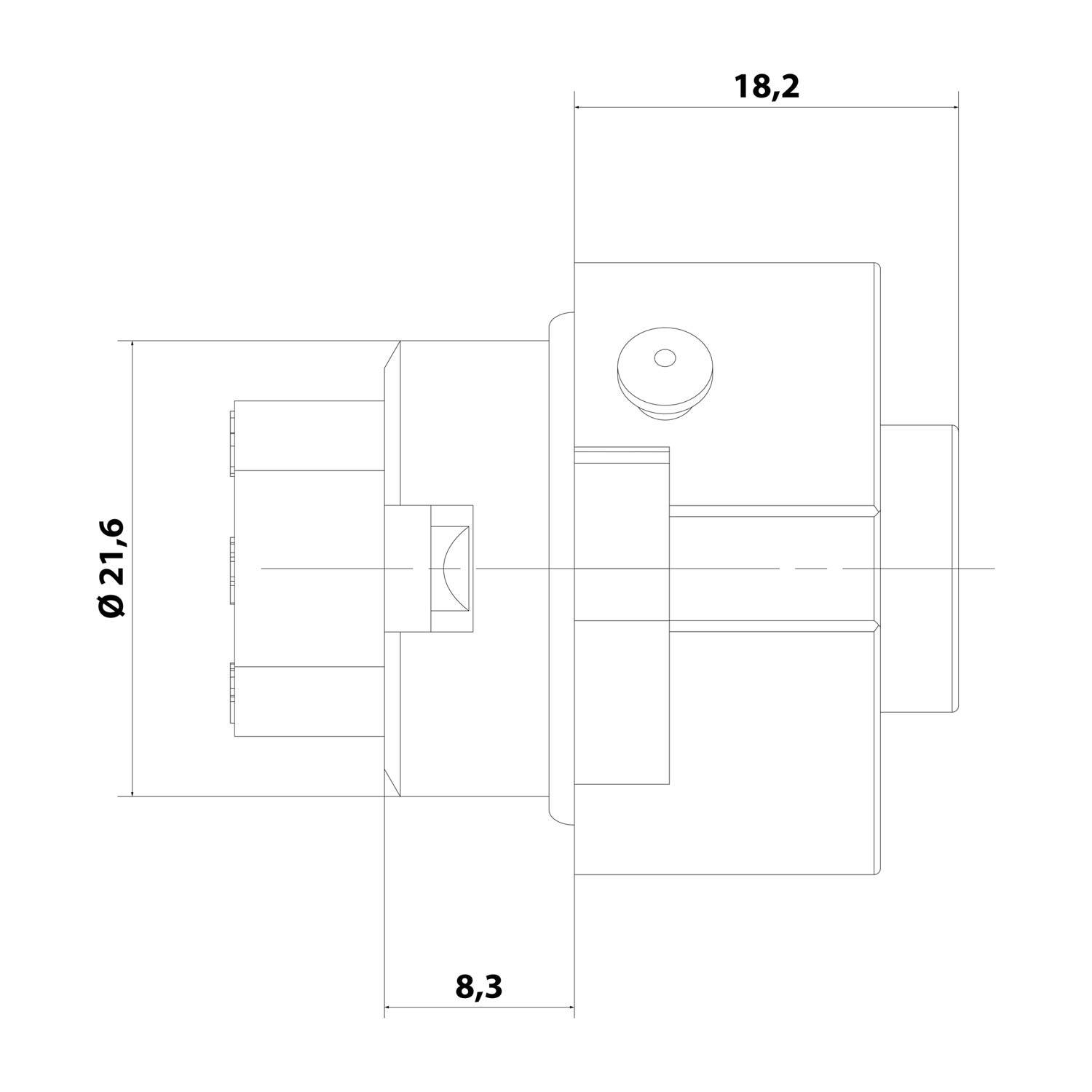 Technische Zeichnung einer mechanischen Komponente mit beschrifteten Abmessungen: Durchmesser 21,6 mm, Länge 18,2 mm und Breite 8,3 mm.