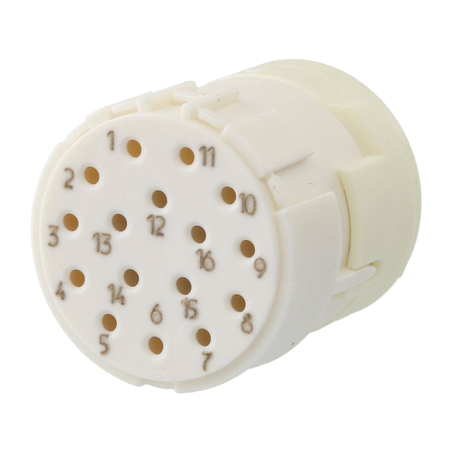 Ein zylindrischer Kunststoffgegenstand mit 19 nummerierten Löchern, die in einem kreisförmigen Muster angeordnet sind, möglicherweise für elektrische oder sanitäre Anschlüsse verwendet.