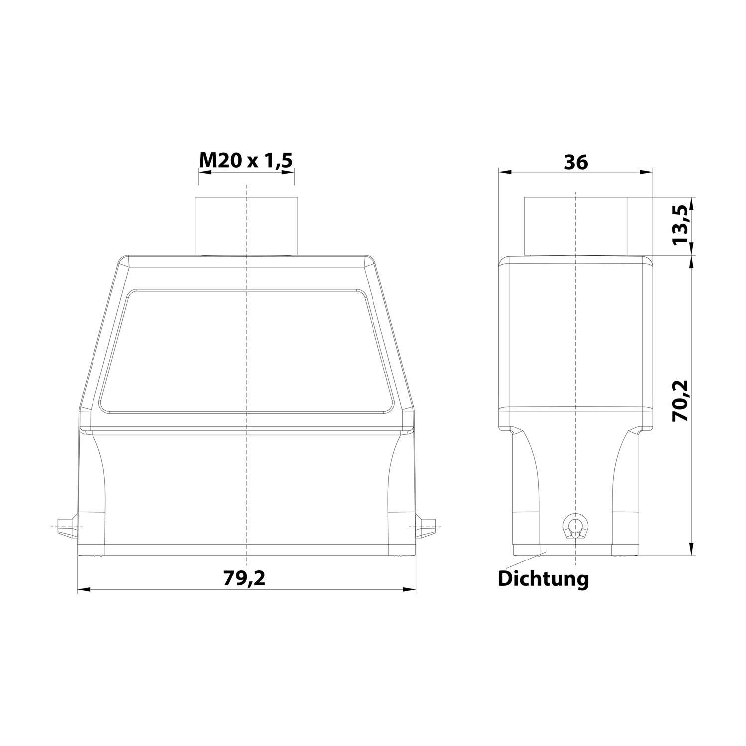 05200160461 HARTING Han 16A Tüllengehäuse hoch, 1xM20 gerader Kabelabgang, für 1 Bügel (am Unterteil) Verschraubung M20